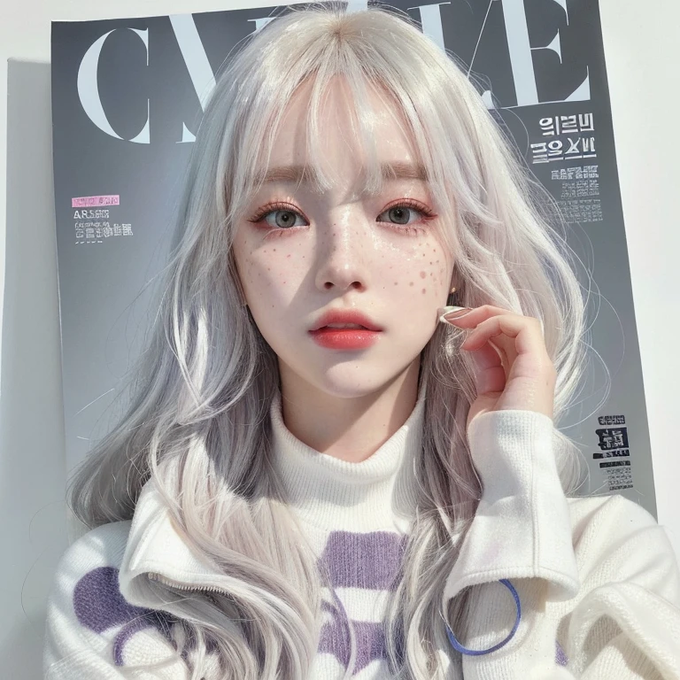 a close up of a magazine with a woman with a white hair, magazine art cover illustration, inspired by Yanjun Cheng, photorealistic magazine picture, magazine illustrations, by Russell Dongjun Lu, artwork in the style of guweiz, white hair color, realistic anime 3 d style, stunning cover magazine, white cloud hair, on the cover of a magazine ,realistic artstyle, 🤤 girl portrait, hyper realistic aesthetic, small freckles, hyper realistic teenager, barbie doll, freckles!!!, detailed face, realistic face, realistic fingers, jisoo from blackpink, popular south korean makeup, quality detailed ,(beautiful makeup :1.2)