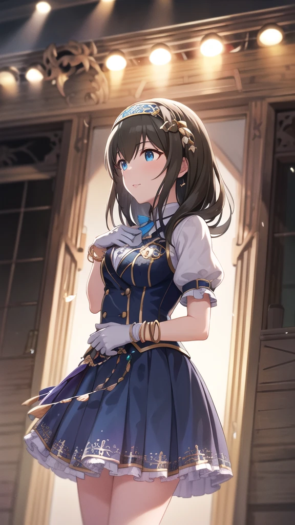 masterpiece, Best Quality, High resolution, fffumika, The Idolmaster, Long Hair, Hairbands, Blue Dress, Puff short sleeves, bracelet, Elbow hand pockets, White gloves, Standing, stage, Cowboy Shot, Outdoor, Arms at your sides,