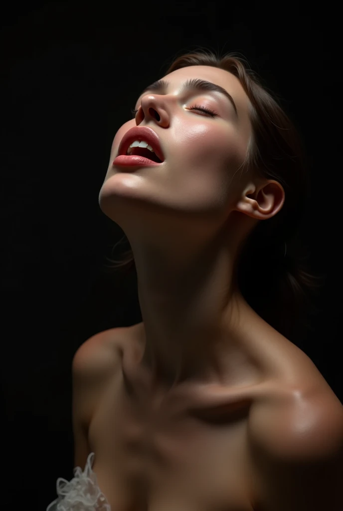 masutepiece,award - winning photo, Extremely detailed, edgOrgasm, Woman with mouth open and eyes closed , Skin shiny with sweat、Face Focus、frombelow、Illumination that emphasizes shiny sweat{{{Spread }}}, A dark-haired、NSFW、