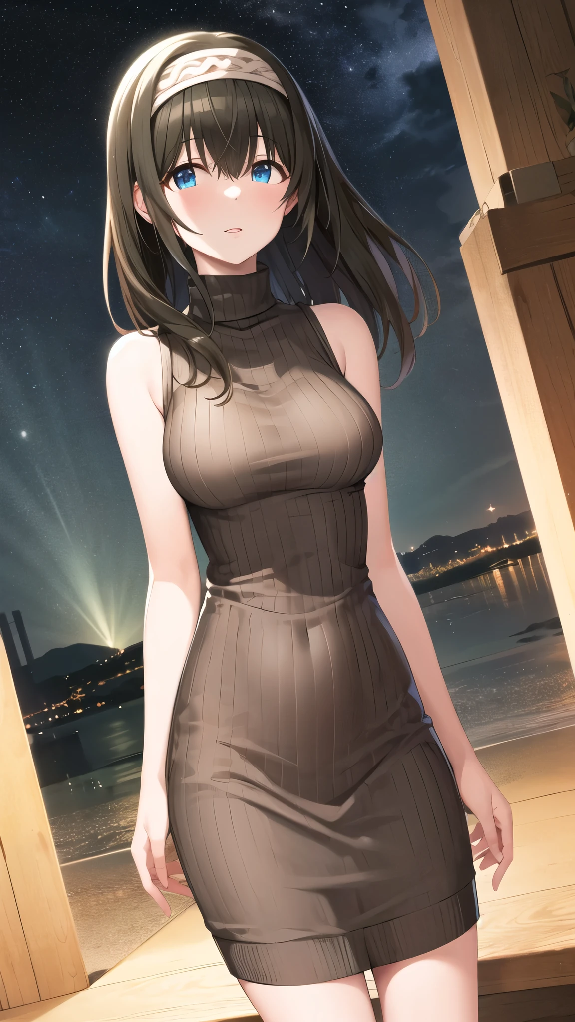 masterpiece, Best Quality, High resolution, aafumika, The Idolmaster, Long Hair, Hairbands, Sweater dress, Ribbed sweater, turtleneck, Sleeveless, night, Standing, Cowboy Shot,