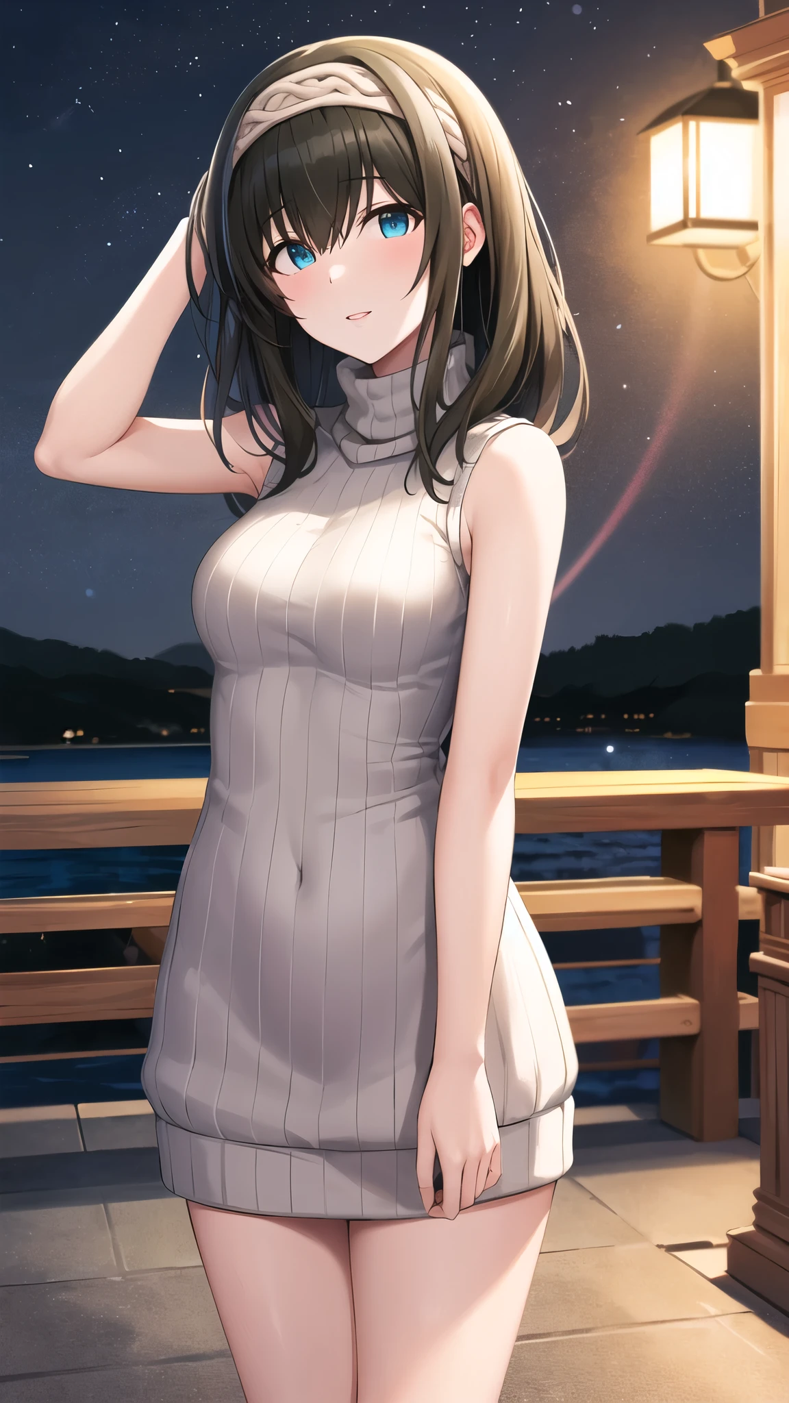masterpiece, Best Quality, High resolution, aafumika, The Idolmaster, Long Hair, Hairbands, Sweater dress, Ribbed sweater, turtleneck, Sleeveless, night, Standing, Cowboy Shot,