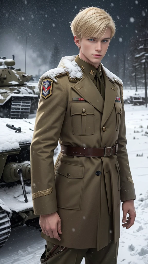 Um homem de 50 anos, careca, sem barba, standingn, with a determined and confident expression. He is dressed in a full military uniform. The bottom is a snowy field. A imagem deve ser fotorealista, with high definition and contrast. Photo of the entire body wearing a military uniform of a black German general