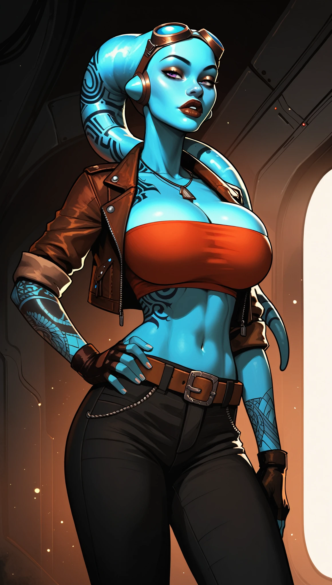 Blue Skin Twi'lek, pilot, huge breasts, sly purple eyes, dark lips, sharp facial features, gorgeous, bursting breasts, pushed-up cleavage, black and dark grey cropped jacket, red tube top, black cargo pants, visible bra, rolled-up sleeves, utility belt, goggles on forehead, fingerless gloves, tattoos, cleavage, tall, graceful, long legs, athletic, slim hips, small waist.  Action scene, starship interior. Hand on hip. coy expression.