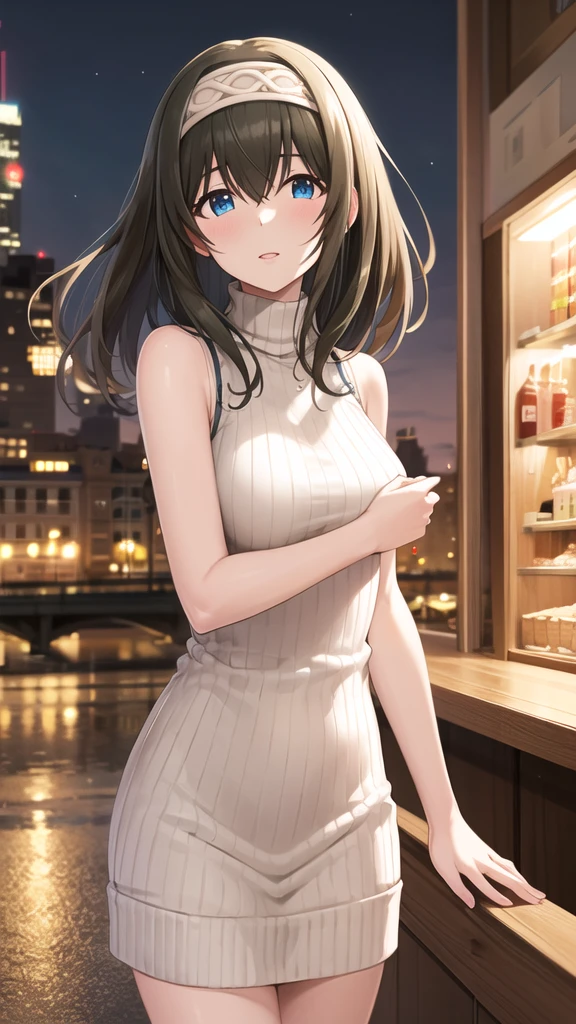 masterpiece, Best Quality, High resolution, aafumika, The Idolmaster, Long Hair, Hairbands, Sweater dress, Ribbed sweater, turtleneck, Sleeveless, night, Standing, Cowboy Shot,