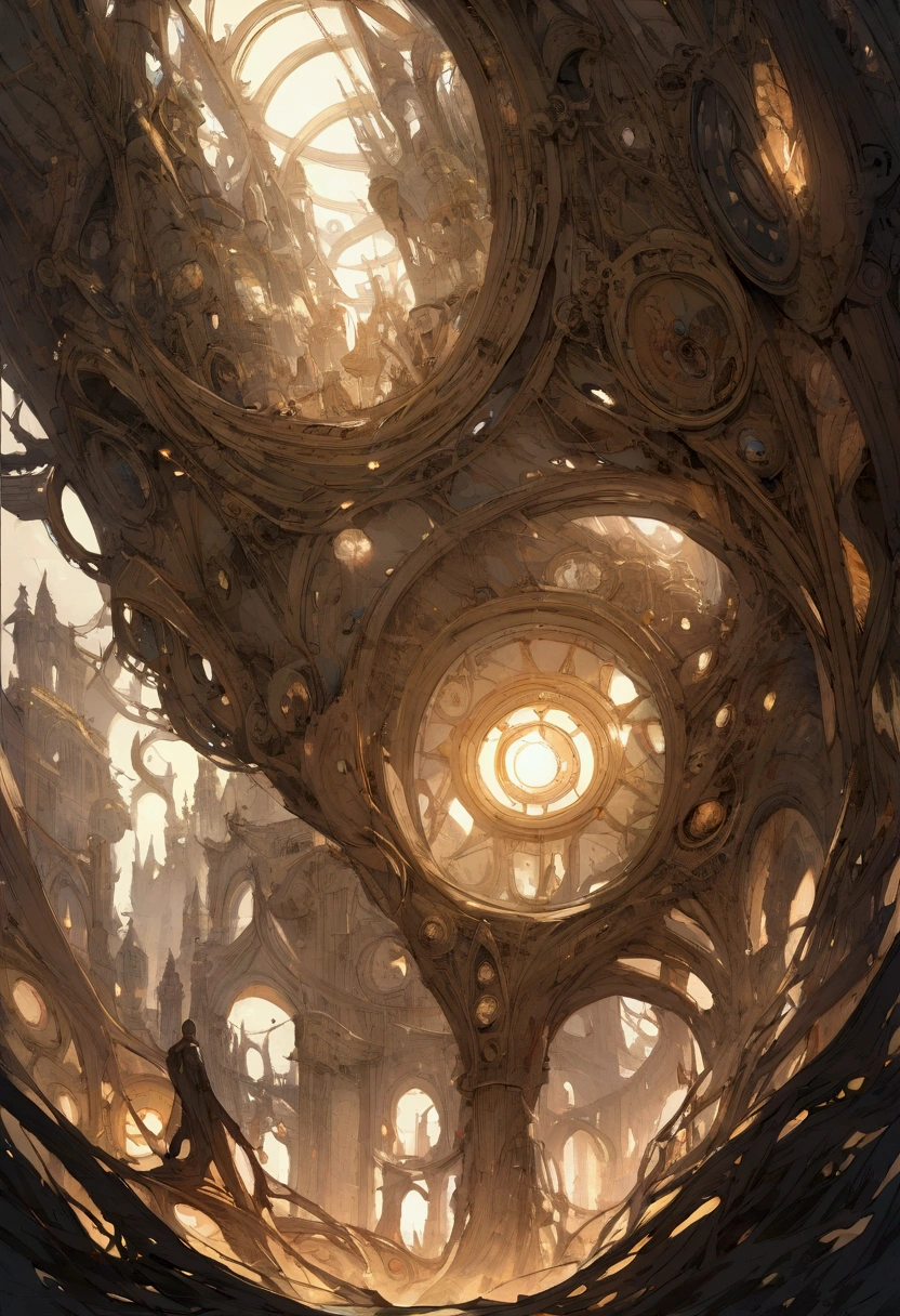 A beholder piloting an automaton hovers peacefully in the foreground with a incredibly complex and intricate network of cables arcing behind him, dark fantasy, dark atmosphere, atmospheric lighting, cinematic lighting, best angle, ultra-detailed, intricate, angle from below