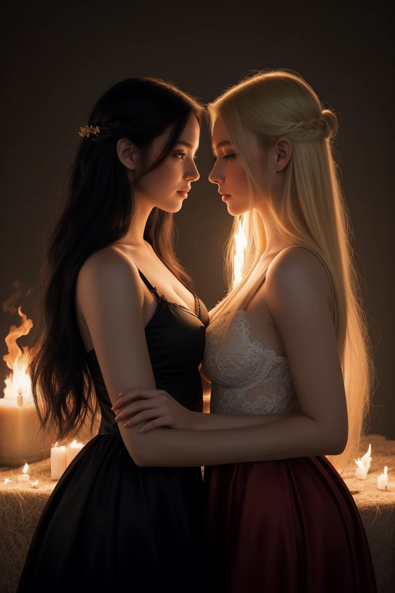 a couple of women standing next to each other, fantasy photoshoot, beautiful long black hair, intimate holding close, fiery, flirtatious and intrigued, long blonde or red hair, pale light, luminous scene, engulfed in flames, wistful bosom, of romanticism a center image, --v 6 --ar 9:16