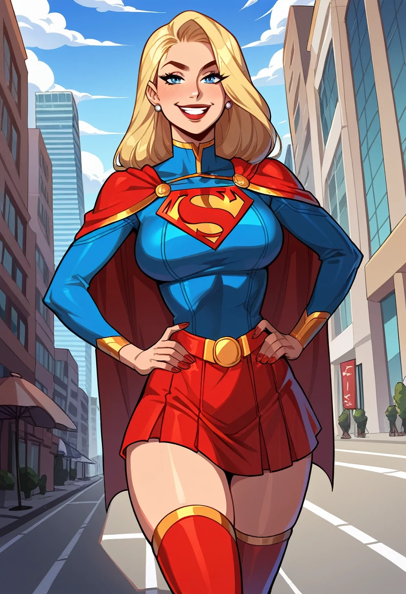 (score_9, score_8_up), score_7_up, KaraKent, photo, front view, real, smilling, happy, supergirl, super girl, blonde hair. smilling, thighhighs, thigh boots, blue top, long cape, long sleeves, red skirt. (wide hips, wide thighs), make up, happy, thigh gap, nail polish, (hands on the waist:1.5), (on the top of a building:1.5), (((edge of building))), hero aura, (((hands on the waist))), narrow waist, (((dutch angle))), shiny skin,1girl, solo, blonde, smirk, blue eyes,, ((supergirl-outfit)), dressed as supergirl, (medium boobs), long hair. adorable face, seductive face, (saggy breast), BREAK, (city background:1.5), skyscrapers background, highly detailed face, romantic ligthing, BREAK, (masterpiece), (wide hips, wide thighs), make up. nail polish, narrow waist, (perfect hands), red lips, (big hips), hourglass body, ultra-detailed clothes, best quality, expressive eyes,, solo, thick thighs,,((mature woman)), perfect face, eyelashes, (perfect eyes), nail polish (perfect fingers),(masterpiece:1.2), (best quality:1.2), (very aesthetic:1.2), (detailed background), intricate details, (((Perfect Hands))), 