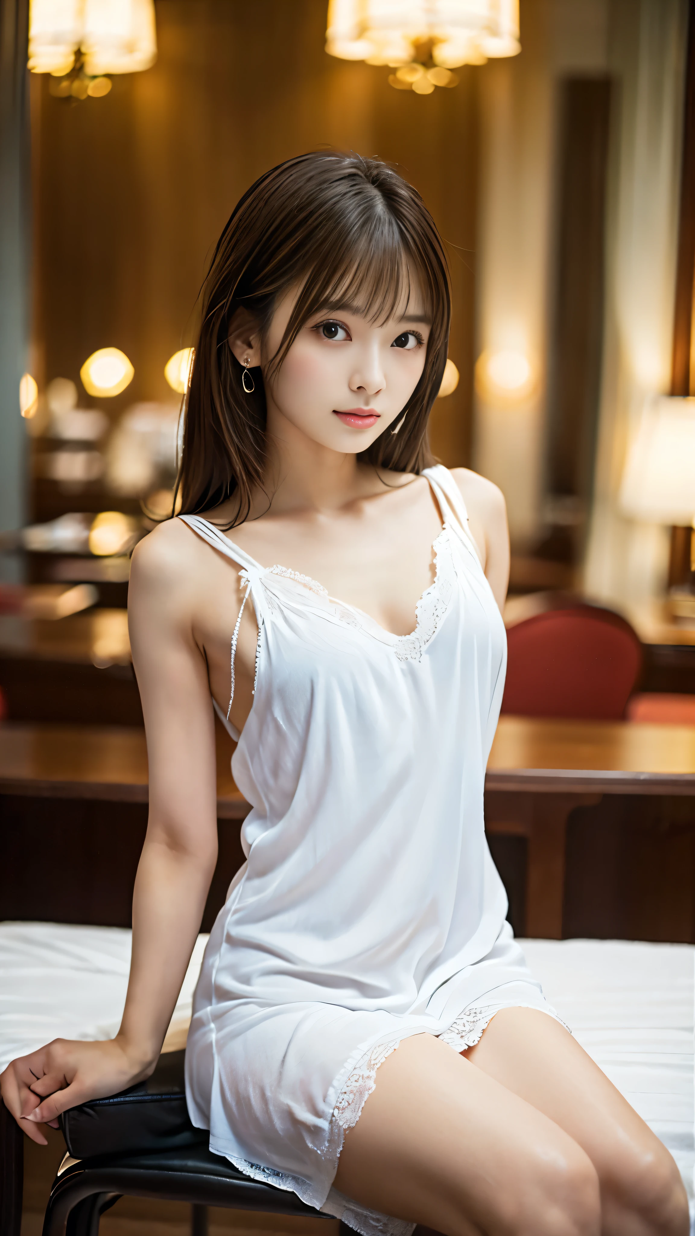 ​masterpiece、Top image quality:1.2、((beautiful young woman with))、Transparent skin:1.2、{A slight smil}、(kawaii)、Transparent short sleeve knit:1.2、luxury hotel、depth of fields、Sharp Focus:1.5、Fine details、The chest is sheer