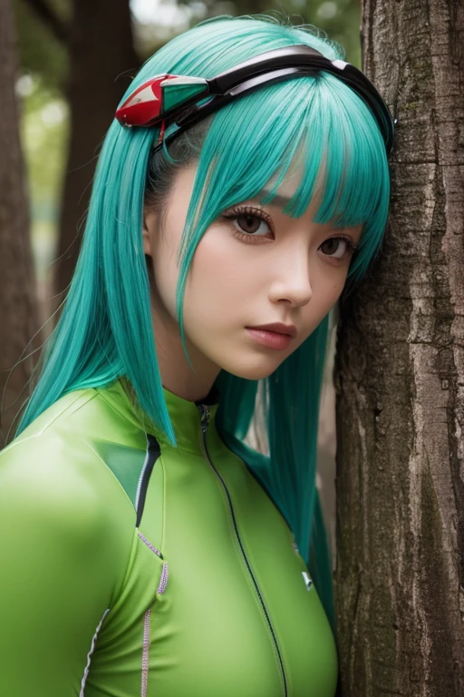 My hero academia anime character,Female gender, long dark brown hair with aqua blue highlights,water green eye color with white,white skin color with slightly red cheeks, upset face expression and wearing