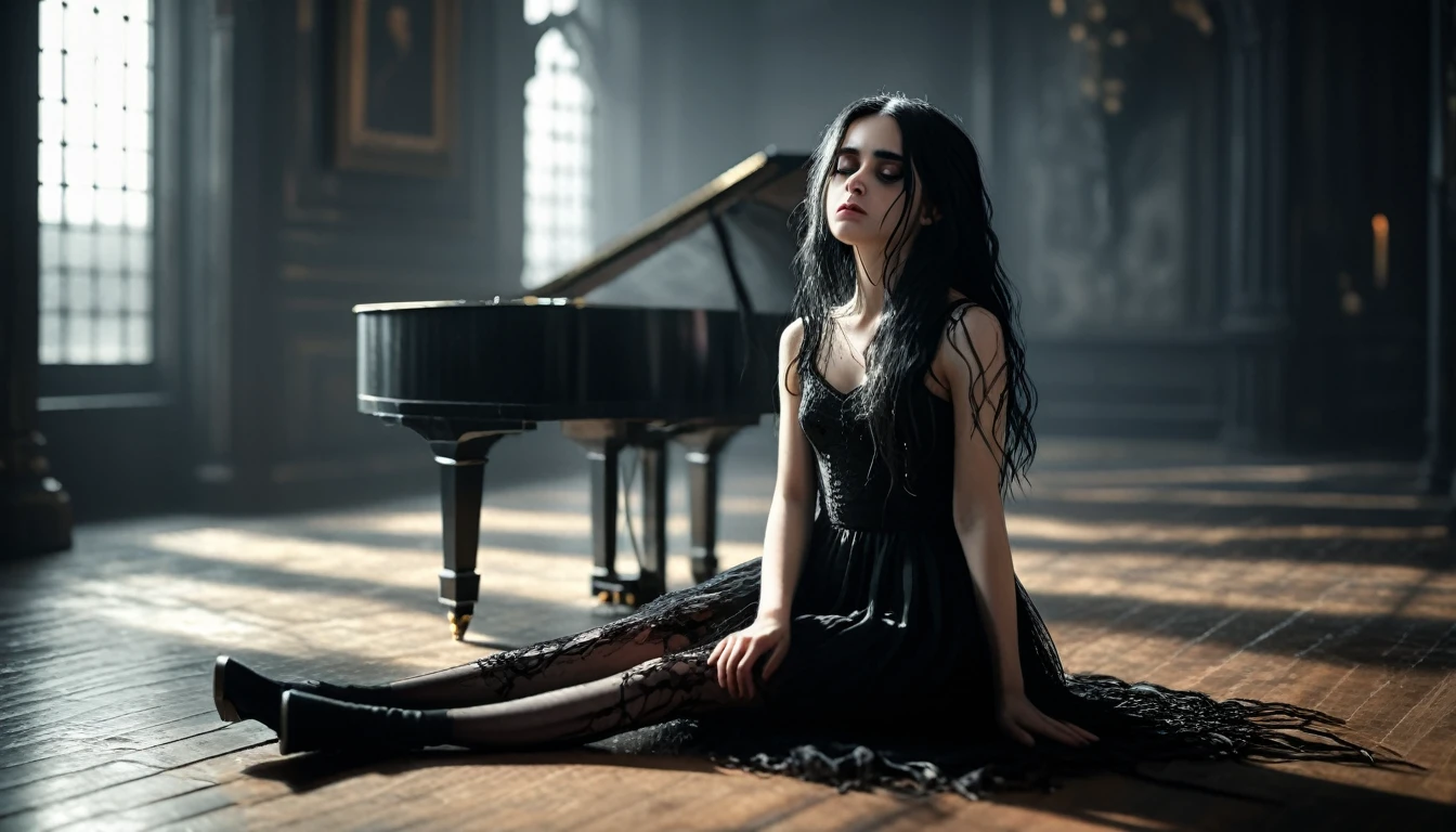 Sad girl sitting in a large room at the piano, black tangled hair gothic makeup, detailed black short dress, detailed and beautiful light with expressive shadows, view from the floor,atmosphere of sadness and melancholy, high quality and detail, the effect of old film, slightly bleached image