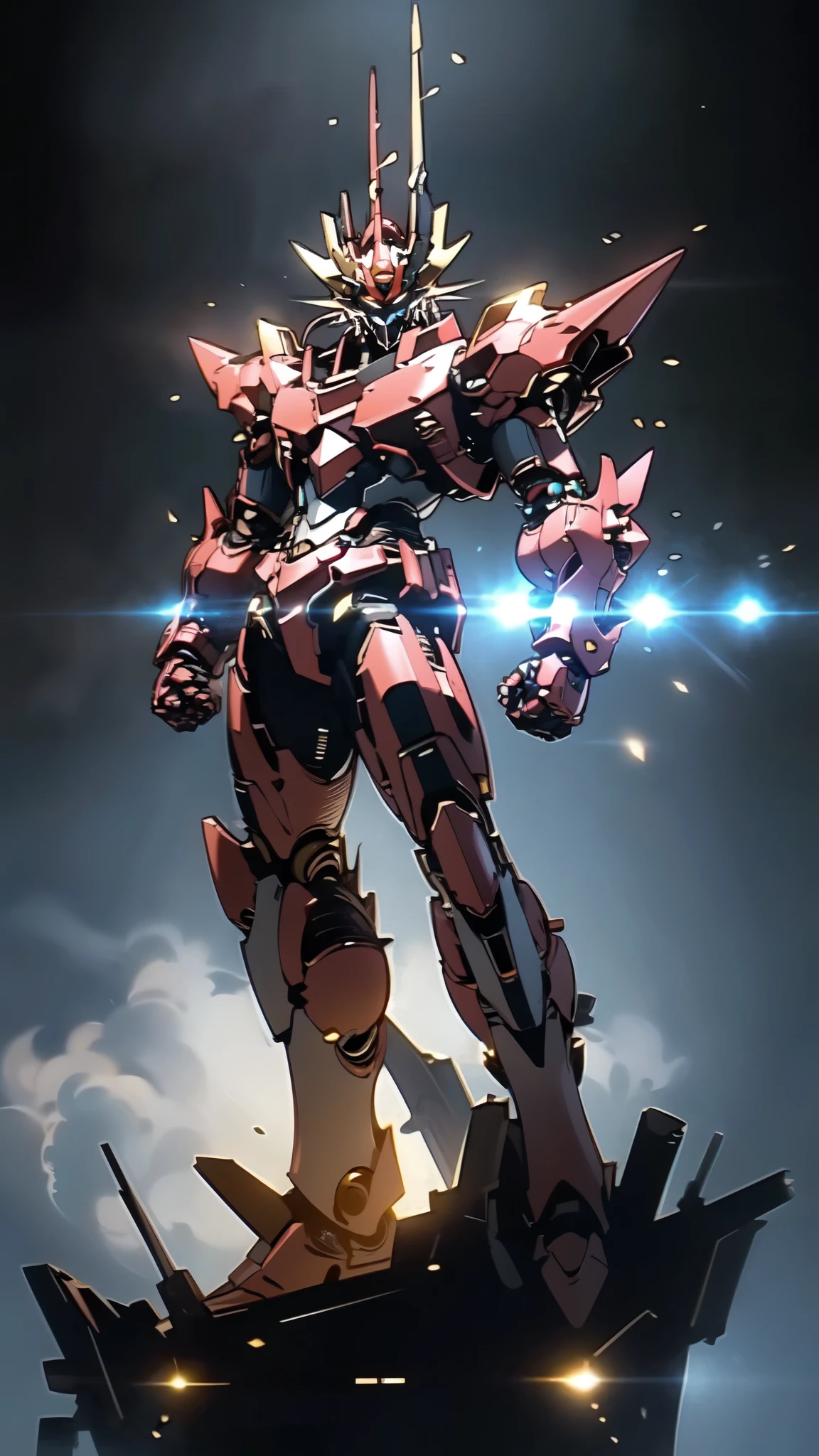 (masterpiece:1.5, best quality:1.5, extremely delicate:1.5), (male:1.5), humanoid Mecha, fully enclosed shoulder guards, matching arm and leg guards, full body, full armor, the design balances heavy with agility, (the color scheme is primarily White with Blue and Red accents, the concept Inspired by Mazinger Z, SRS), organic biotech armor, standing, floating high above the futuristic sci-fi city, exquisite and mature art style, (aura effect, glowing eyes, the armor glows), metallic, dramatic, high definition, highres, ultra-detailed, ultra-fine painting, professional, perfect body proportions, anatomically correct, symmetrical face, extremely detailed eyes and face, high quality eyes, creativity, RAW photo, UHD, 32k, Natural light, cinematic lighting, masterpiece-anatomy-perfect