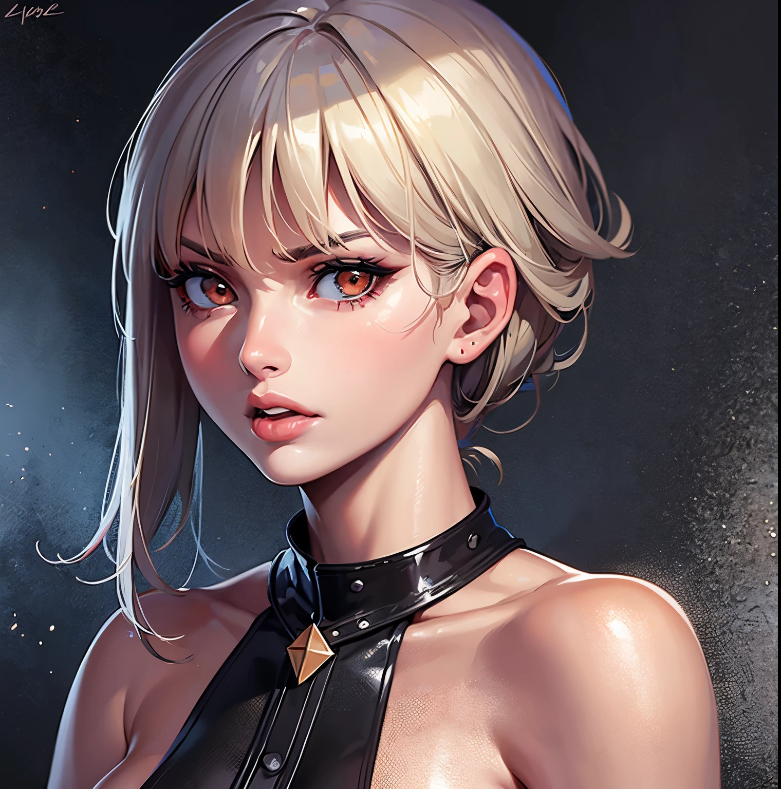 (((Portrait Photo))), She has a Fierce and Independent Appearance of a Teenager, with a Slim and Athletic Build that Exudes Strength. Her Short, Spiky Platinum Blonde Hair is Styled in a Modern Pixie Cut, Accentuating Her Sharp Features. Her Piercing Grey Eyes Reflect Determination and Intelligence, Giving Her a Look of Intensity. She is Dressed in a Bold and Edgy Outfit, Featuring a Studded Leather Vest, Torn Skinny Jeans, and High-Top Sneakers. Her Expression is Strong and Unyielding, with a Slightly Raised Eyebrow Indicating Her No-Nonsense Attitude and Unwavering Confidence. (((High Quality, Dark Background))), (((Portrait Photo)))