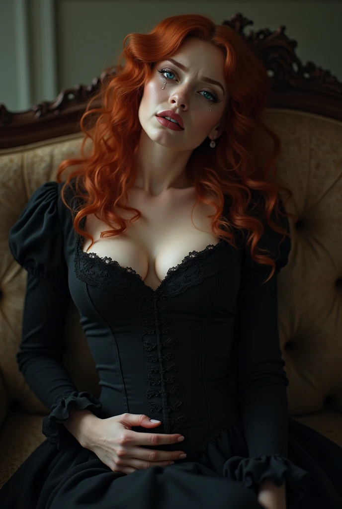 ultra realistic, photography, long red hair, girl, 24 years old, hourglass figure, perfect body, natural medium breasts, Flirty look, extremely detailed artgerm, in the style artgerm, facing the camera, lens 35 mm, blur background, masterpiece, super detailed, detailed face, beautiful eyes, detailed eyeshadow, lip details, red lipstick, full body, wavy hair, Wearing a black sheath dress, turtleneck, revealing legs, sexy legs, great cleavage, she is wearing black elegant high heels, she is a femme fatale, sitting on a chair, her legs crossed, full body shot, wide angle, zoomed out,