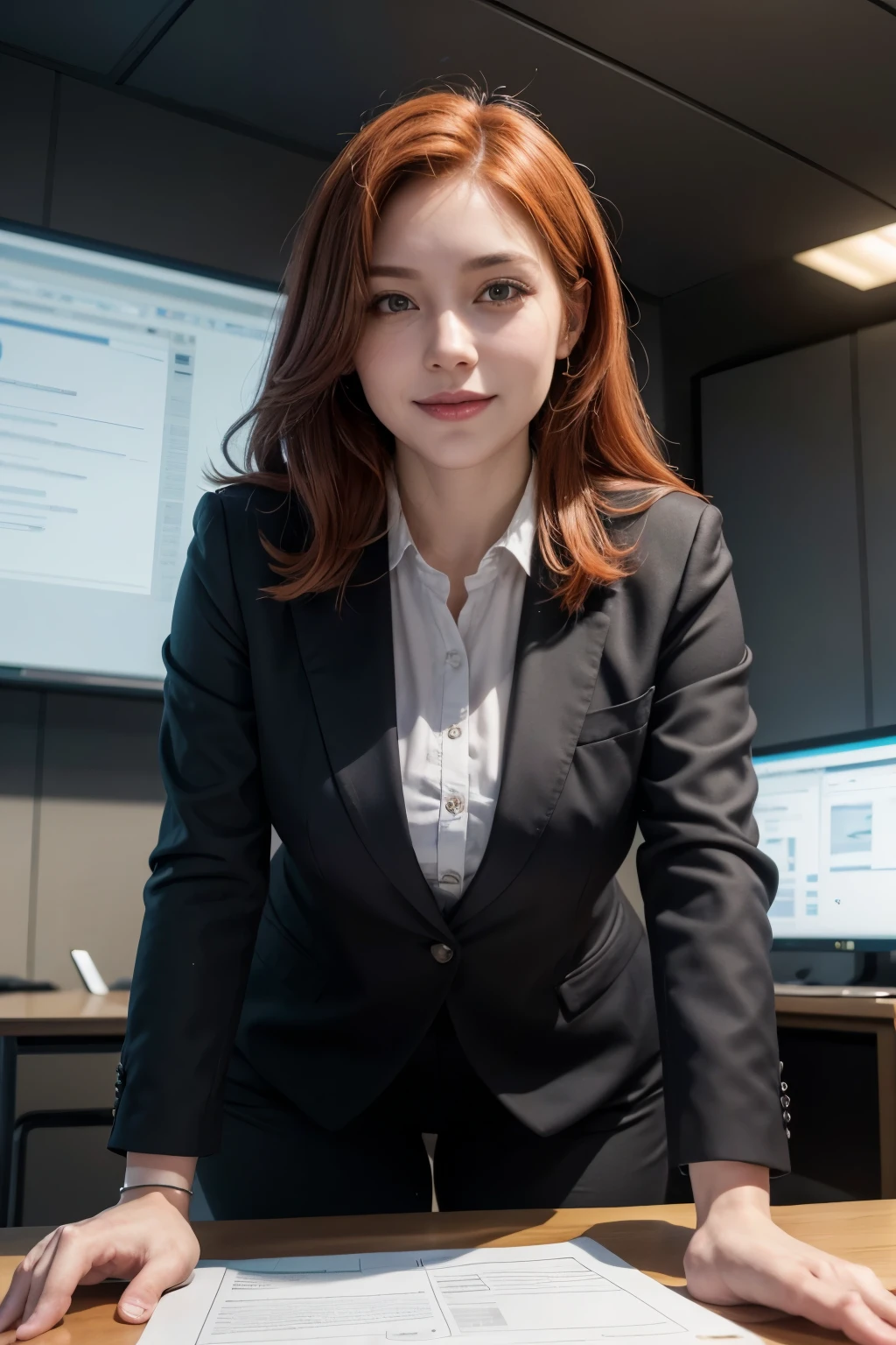 (medium full shot) of (vivacious office secretary) young woman, chinese, dark eyes, fair skin, light skin, brown eyes, full-figured build, extra long brown french twist hair, wearing a rich plum tailored blazer over a silk blouse, pleated skirt, low-heeled loafers, minimalist ring set, light blush, set in IT Department, Tech-savvy space with server racks, computer towers, network cables, monitors displaying data, a help desk station, at night, laughing, arms crossed, Masterpiece,best quality, photorealistic, amazing quality, very aesthetic, extremely detailed face,