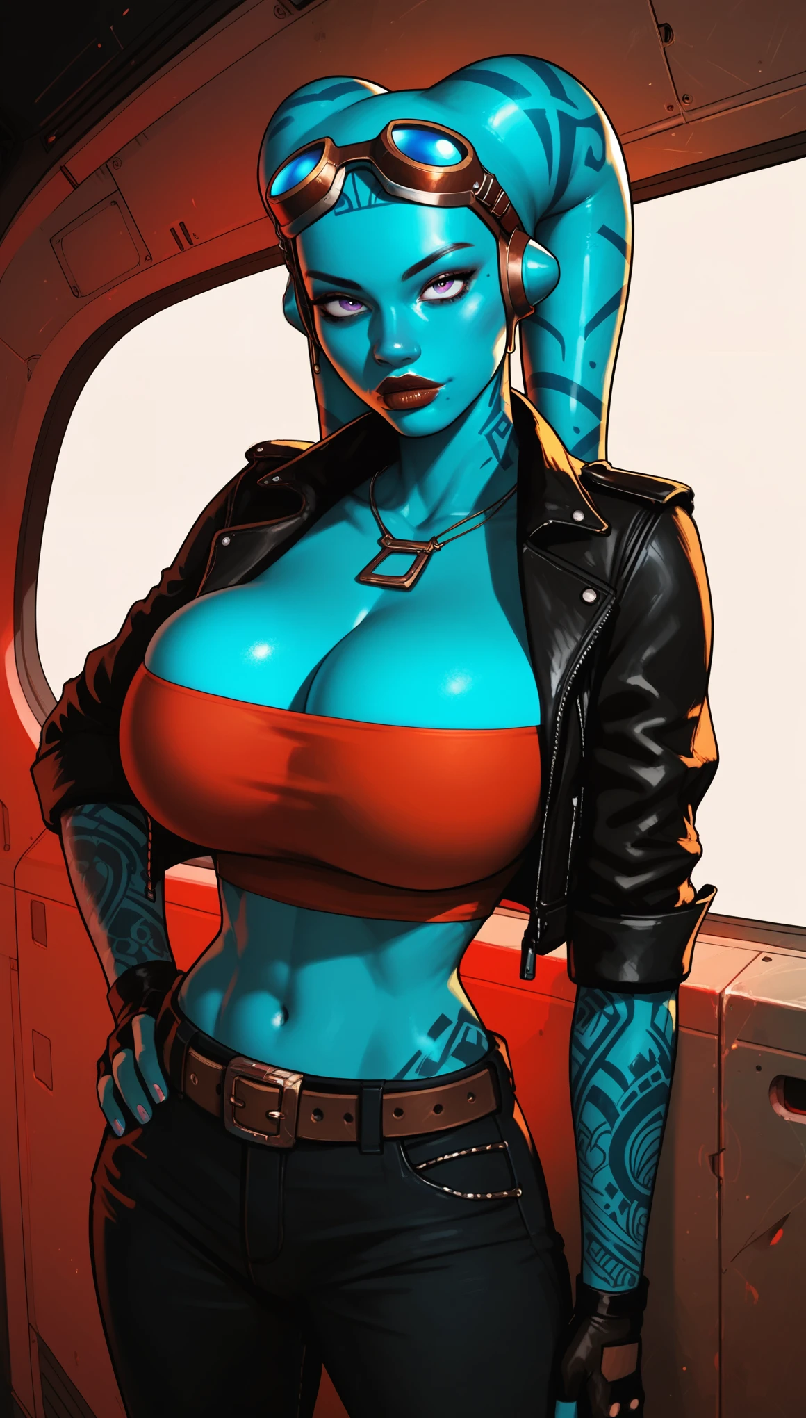 (Masterpiece: 2), (Very detailed: 2), (Beautiful: 2), (gigantic breasts:1.4), Latina, (long curly black hair: 1.6),((masterpiece)), highly detailed, perfect, skimpy red bikini, ((cool color palette:1.5))