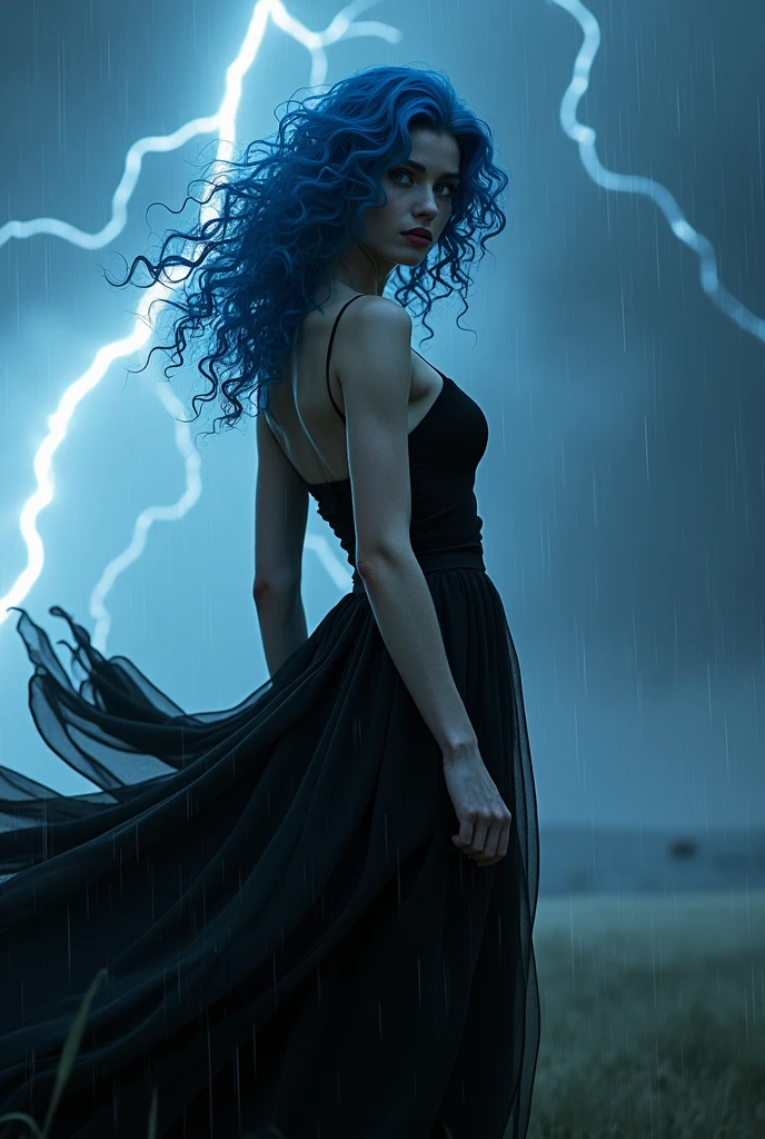  Beautiful biracial woman , blue hair, light blue eyes , extremely detailed full body, in the sky , inside storm, lot of lightning, Light dress