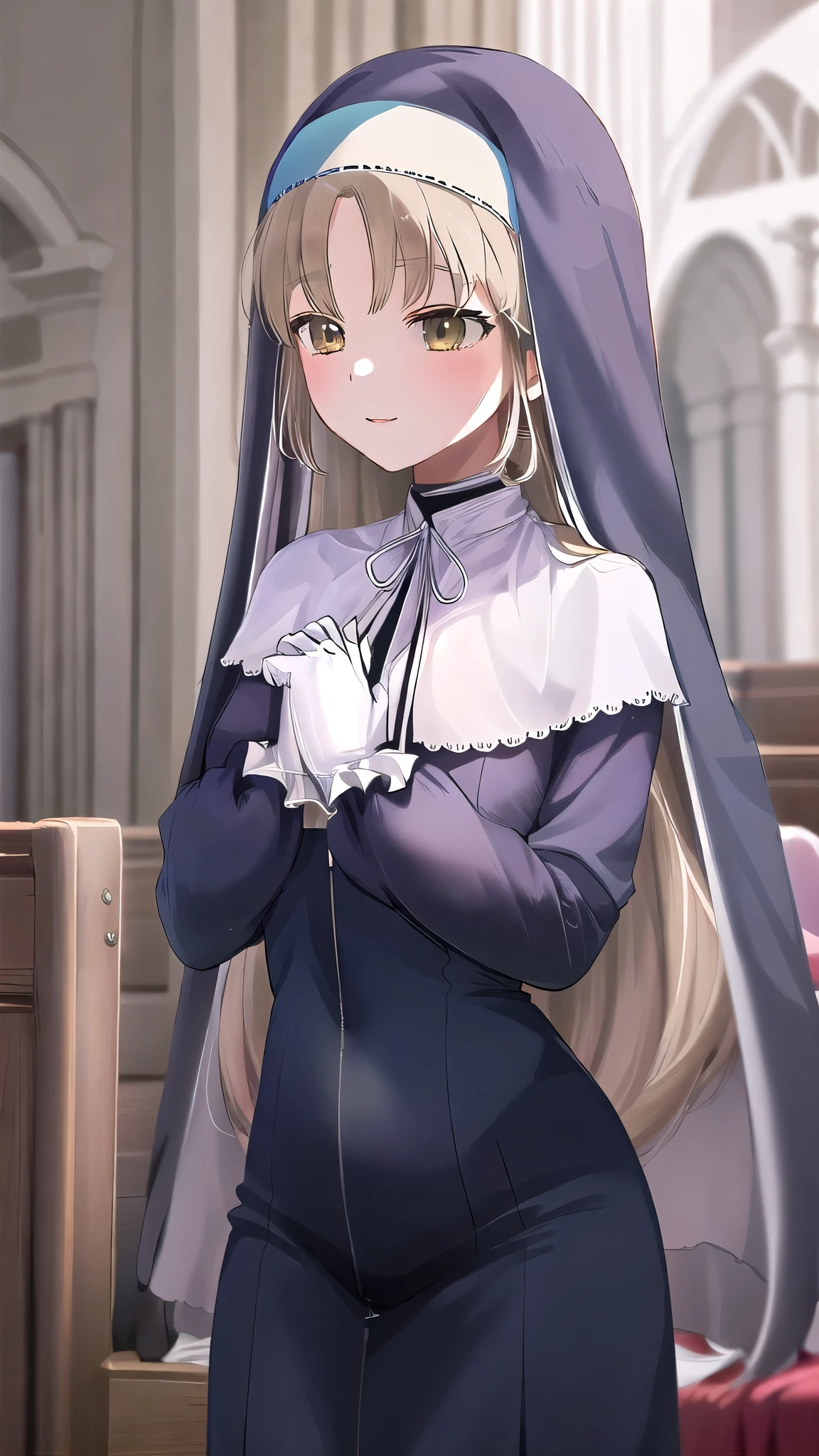 8k,Sister Claire, (Nuns), One Girl, Slim body,Medium Chest,Perfect hands,church, masterpiece, Best Quality,