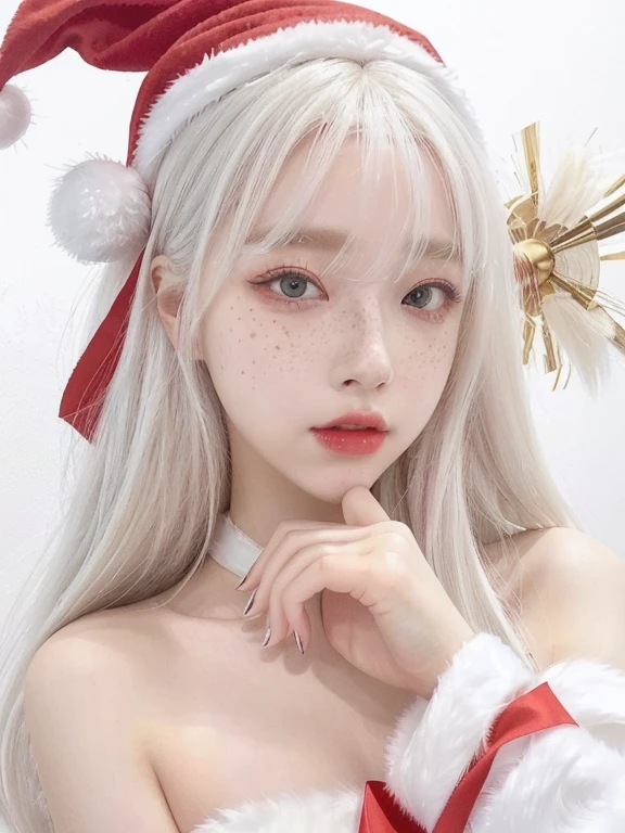 anime girl with white hair wearing a santa hat and red bow, guweiz, white haired deity, girl with white hair, artwork in the style of guweiz, perfect white haired girl, white-haired, white haired lady, white haired, trending on cgstation, pale snow white skin, guweiz on pixiv artstation ,realistic artstyle, 🤤 girl portrait, hyper realistic aesthetic, small freckles, hyper realistic teenager, barbie doll, freckles!!!, detailed face, realistic face, realistic fingers, jisoo from blackpink, popular south korean makeup, quality detailed ,(beautiful makeup :1.2)