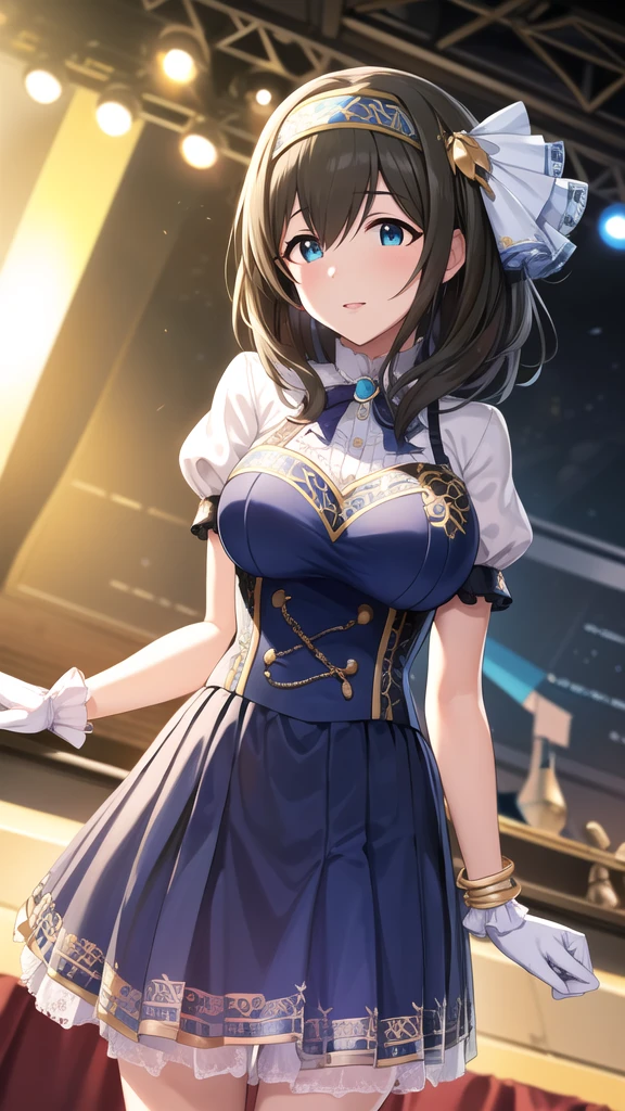 masterpiece, Best Quality, High resolution, fffumika, The Idolmaster, Large Breasts,valley,Long Hair, Hairbands, Blue Dress, Puff short sleeves, bracelet, Elbow hand pockets, White gloves, Standing, stage, Cowboy Shot, Outdoor, Arms at your sides,