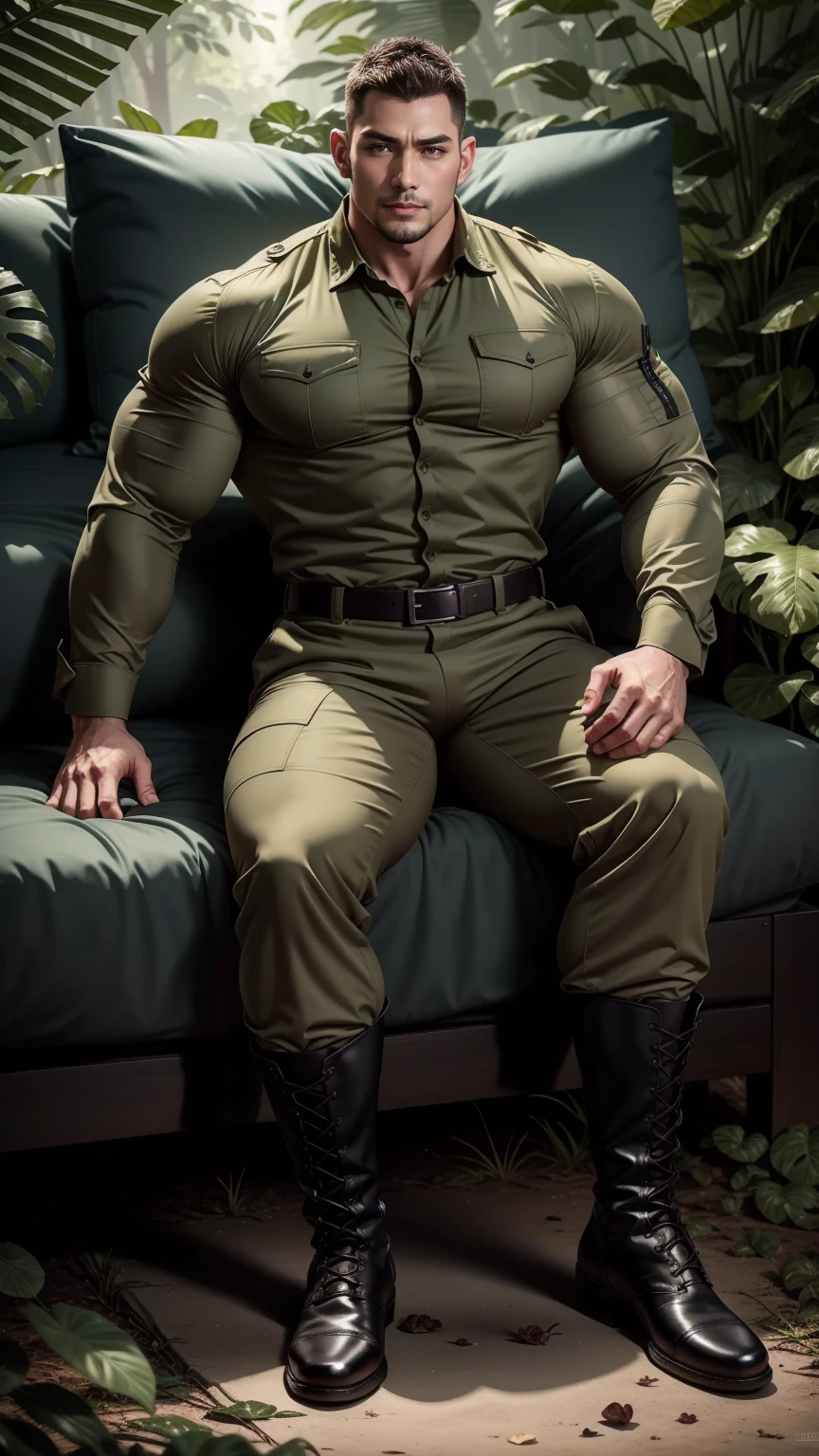 Tall giant muscular man is sleeping and lying down in the forest，Khaki camouflage military uniform，character  design（Resident Evil - Chris Redfield，Chris Redfield）Buzz Cut，Wearing khaki camouflage military uniform，Frosted grain texture，Big soft and comfortable bed，Lying and sleeping in the gloomy cane jungle, The body is wrapped in thick rattan，expression sad，Deep and charming eyes，The male hero with emerald pupils，heroic masculine pose，Tall and burly，Muscular！Charming leg muscles，tall, Burly, and strong， Wearing khaki camouflage military uniform， Super gain and cool， commission for high resolution， Big feet in black boots，Charming strong man，Bright sunlight shines on the body，The texture of frosted particles is shiny