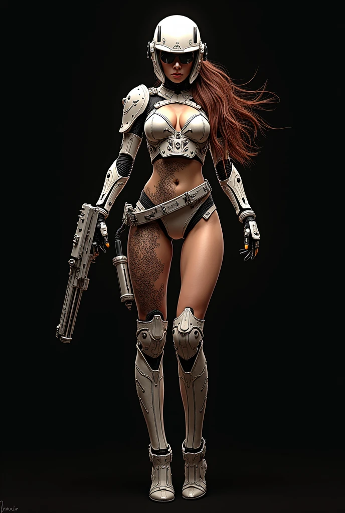 white bimbo, high heel platform boots, shiny latex, hoop earrings, bimbo, slutty, perfect fake boobs, tattoos, makeup, jack mass effect, full body view, sexy, porn star,