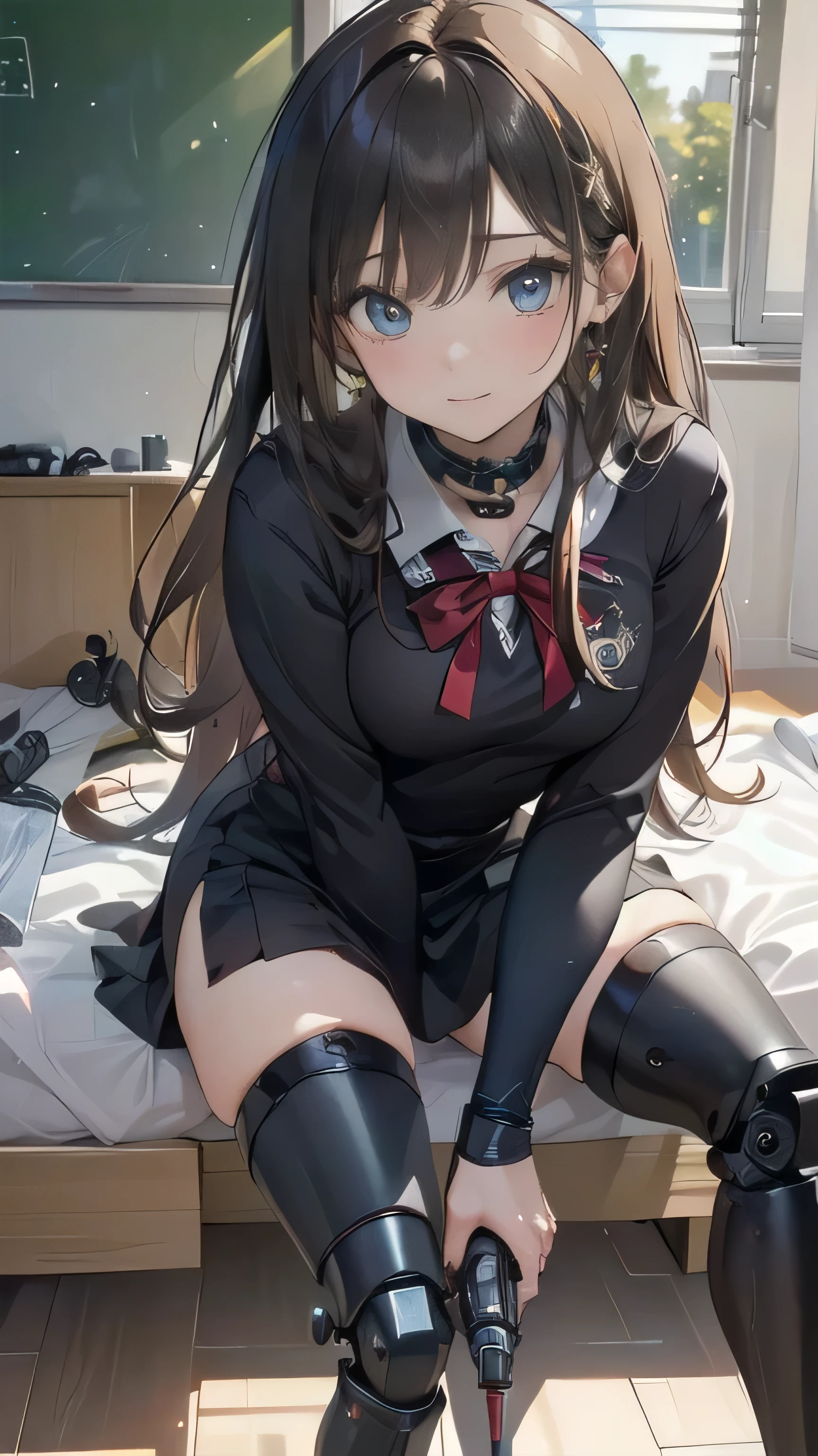 (8k, Best Quality, masterpiece: 1.2, masterpiece, Attention to detail,Very detailed), Light color,Line art,Full Body Shot,Perfect Eyes,Eyes are clear((Teenage Girls,kawaii,Student Uniform,Hair color is dark,High school girl,Laugh naturally:1.35,The left leg is a prosthetic:1.25,The right leg is flesh,The left hand is alive,The right arm is a complete prosthetic,Soft looking lips,Glossy skin,Hair is braided,Hair accessories,Soft-looking skin:1.25,Hair Ribbon)),(((A black mechanical prosthetic leg halfway down the thigh:1.25,Only one leg:2,Have a handgun,High-heeled prosthesis:1.25)))(Inside the school health room,sit on the bed,Remove and maintain the prosthesis:1.25,she:1.25)