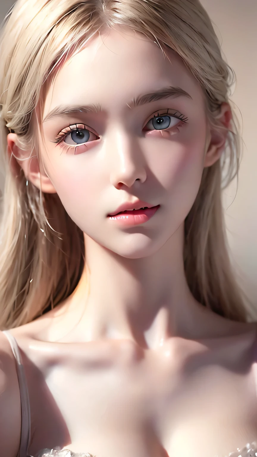 Best Quality、masterpiece、Ultra-high resolution、(Photorealistic:1.4)、1 Girl、、Baby-faced ultimate beauty、Very beautiful shiny light pale blonde hair、Super long straight silky hair、Bangs above the eyes、片Bangs above the eyes、Bangs between the eyes、Blonde hair in the center of the face、Mysterious colored eyes、Very bright, pale yellow-green eyes that shine beautifully、Very large bright eyes、Eye highlights、shoulder、Charming、Looking at the camera、Very white and bright skin、Small Face Beauty、Round face、Shy、Looking up、Cheek gloss highlight