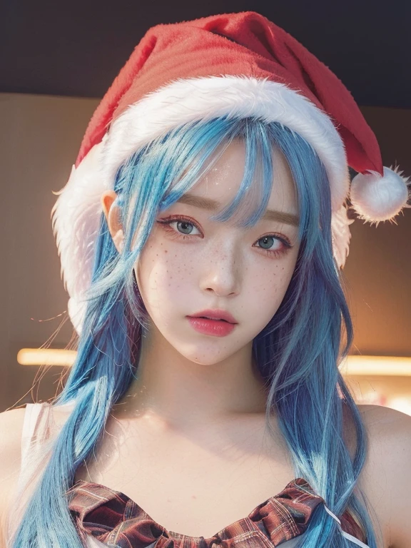 anime girl with blue hair wearing a santa hat and red bow, ig model | artgerm, extremely detailed artgerm, artwork in the style of guweiz, elf girl, style artgerm, beautiful anime portrait, beautiful anime girl, trending artgerm, portrait anime girl, ! dream artgerm, artgerm on artstation pixiv ,realistic artstyle, 🤤 girl portrait, hyper realistic aesthetic, small freckles, hyper realistic teenager, barbie doll, freckles!!!, detailed face, realistic face, realistic fingers, jisoo from blackpink, popular south korean makeup, quality detailed ,(beautiful makeup :1.2),