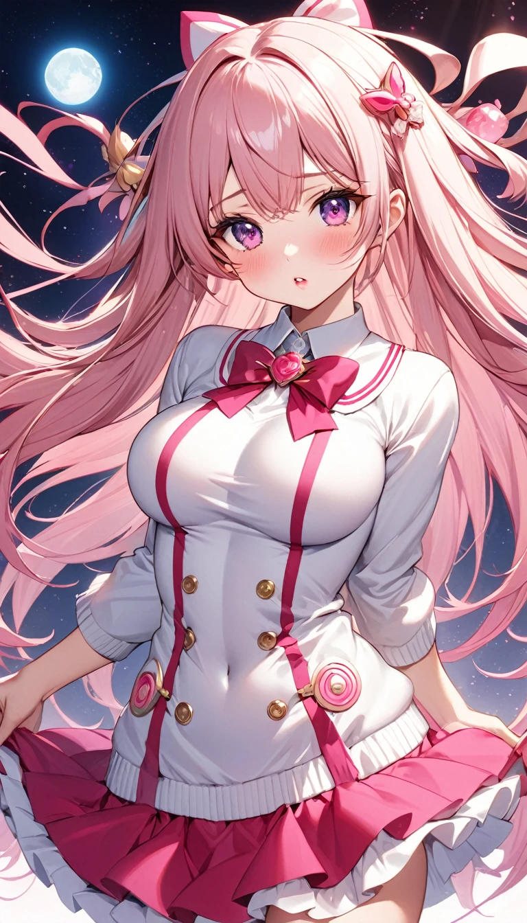 masterpiece、The best、1 female student、White cloth bun bun bun、Shoulder leakage、big breasts、chubby、Smile、white leggings、lace leggings、light pink lips、posing at school,(Soaked all over),legs are open, solo, White polo shirt, looking at the audience, (Thick thighs:1.0),Yazawa Nico,red eyes, Blushed,Blunt hair,hands on hips,greet,Flower headdress,Large scissorlack hair,transparent