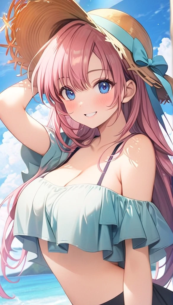 (masterpiece, Highest_quality), Familiar with CG Unity 8K Wallpaper, wonderful_OK_shape, Break 1 Girl, Long pink hair with straw hat, Large Breasts, (Gorgeous expression), blue eyes, Anime Style 4k, Beautiful anime portraits, Anime Moe art style, anime art wallpaper 4k, High quality anime art style, Anime style portrait, Familiar with digital animation art, Anime Art Wallpaper 8K, Cute Anime Girl Portrait, Hawaii Background, Blue Sea, Palm trees, sunlight, whole body, Breaking Depth of Field, Perfect hands, nice refer tos, 5_refer to, 4_refer to,1_親refer to,