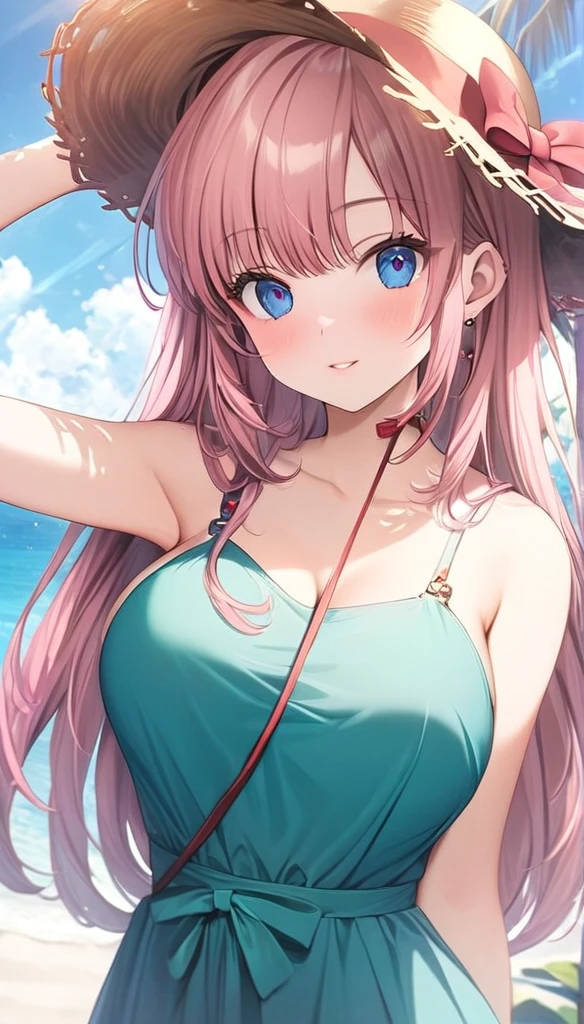 (masterpiece, Highest_quality), Familiar with CG Unity 8K Wallpaper, wonderful_OK_shape, Break 1 Girl, Long pink hair with straw hat, Large Breasts, (Gorgeous expression), blue eyes, Anime Style 4k, Beautiful anime portraits, Anime Moe art style, anime art wallpaper 4k, High quality anime art style, Anime style portrait, Familiar with digital animation art, Anime Art Wallpaper 8K, Cute Anime Girl Portrait, Hawaii Background, Blue Sea, Palm trees, sunlight, whole body, Breaking Depth of Field, Perfect hands, nice refer tos, 5_refer to, 4_refer to,1_親refer to,