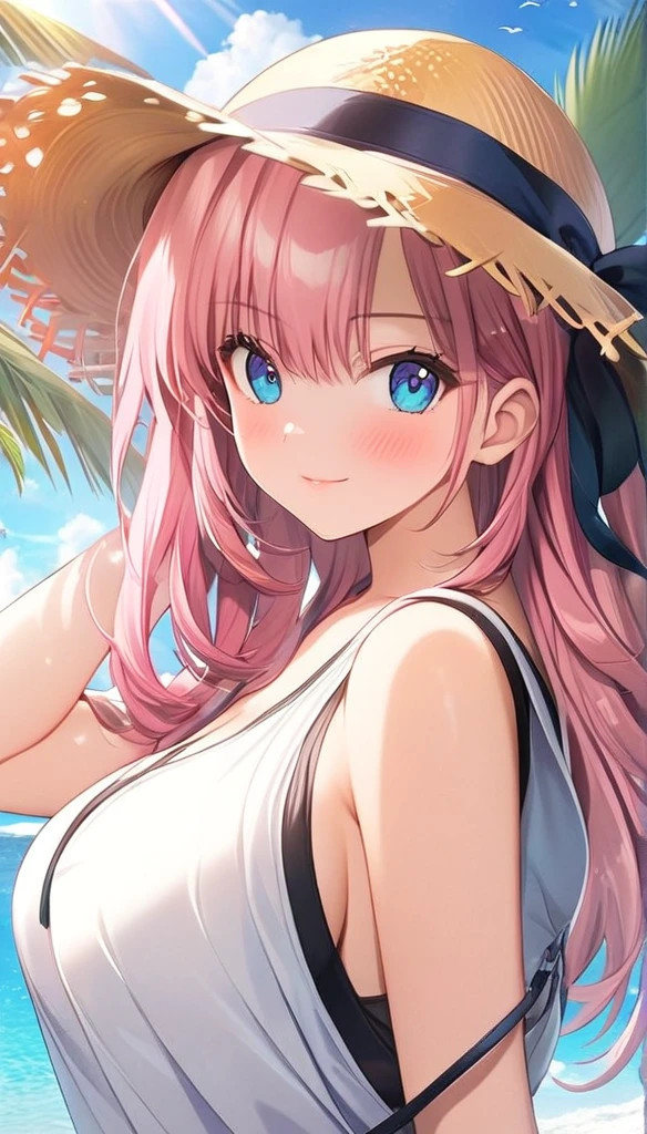 (masterpiece, Highest_quality), Familiar with CG Unity 8K Wallpaper, wonderful_OK_shape, Break 1 Girl, Long pink hair with straw hat, Large Breasts, (Gorgeous expression), blue eyes, Anime Style 4k, Beautiful anime portraits, Anime Moe art style, anime art wallpaper 4k, High quality anime art style, Anime style portrait, Familiar with digital animation art, Anime Art Wallpaper 8K, Cute Anime Girl Portrait, Hawaii Background, Blue Sea, Palm trees, sunlight, whole body, Breaking Depth of Field, Perfect hands, nice refer tos, 5_refer to, 4_refer to,1_親refer to,