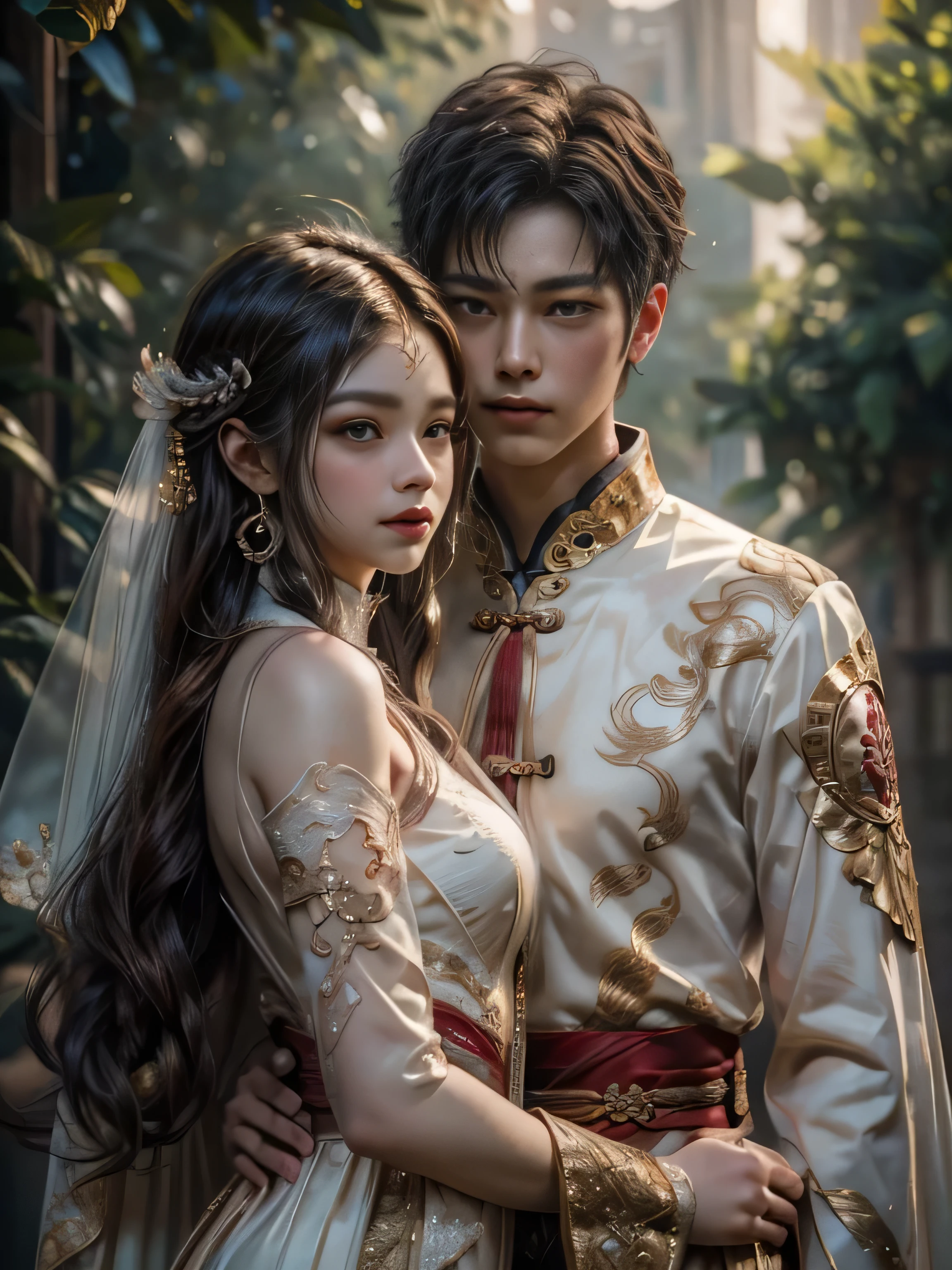 (Best Quality, Super Detail, Masterpiece, Representative Work, Official Art, Professional, Super Fine Detail, 8k:1.3), (photorealism:1.2), (Couple, Beautiful Girl and Boy), Looking at Each Other, Smiling and Wearing White Clothes, Delicate Hair, Ancient Chinese Beauty and Handsome Man, Wearing Ancient Chinese Clothes, Flowing Tulle, Light Silk, (Clear Background), Create a movie poster similar to those used in Chinese romantic fantasy dramas, Girl and Boy Looking at Each Other, Photorealistic, Sharp Focus, Dreamy Atmosphere, Delicate Details, Soft Volumetric Light, (Backlight:1.3), (Cinematic:1.2), Intricate Details, (ArtStation:1.3)