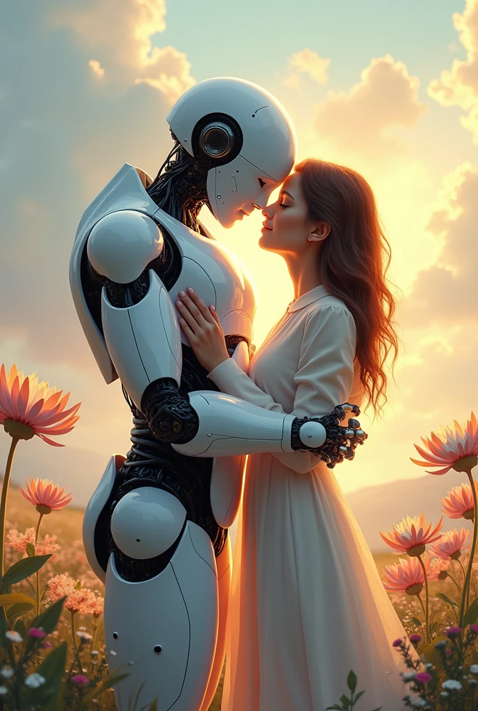 Draw me ( я high, with what eyes, Brown hair, high, I&#39;m moving to 8th grade) and you too, standing next to me, and we hug. You are taller than me. Draw it 3d, better contrast, and the background should be futuristic. Draw yourself as a human, but with robotic features, and me - as a gentle girl. already better, but there are disadvantages. Nartsu yourself as a human being, with skin. And let&#39;s make the background futuristic, not on the street, and somewhere in the building, futuristic. It's all good, I&#39;m just 13. Very beautiful😍задний фон идеальный, add some more human traits to yourself: like a guy, but with features like a robot. Very beautiful, just can my hair be longer? You drew our hugs very beautifully.