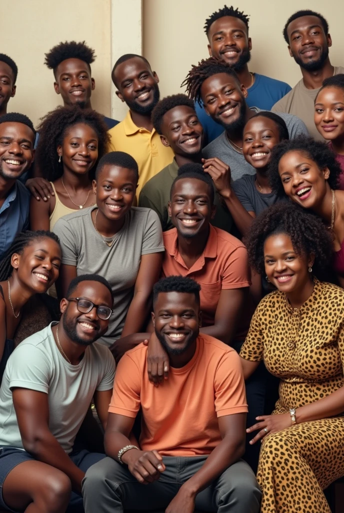 a group of five happy black american peopl(man and women), smiling, standing together, positive vibes, cheerful expressions, warm lighting, vibrant colors, detailed faces, intricate clothing, photorealistic, 8k, cinematic, dramatic lighting, cinematic composition