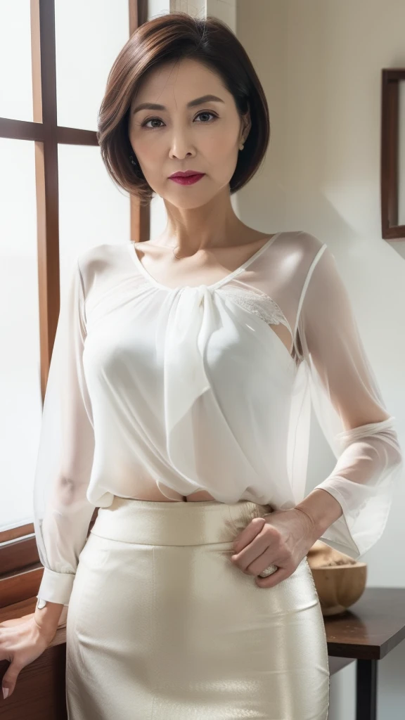 a beautiful 55 year old japanese woman, mature married mother, delicate features, long eyelashes, beautiful eyes, very short haircut, red lipstick, bookshelf,office lady,milf,( see-through lace sheer shirts:1.3),(short sleeves:1.1),((white panties)), sheer leggings, shirt, skirt,
squatting,