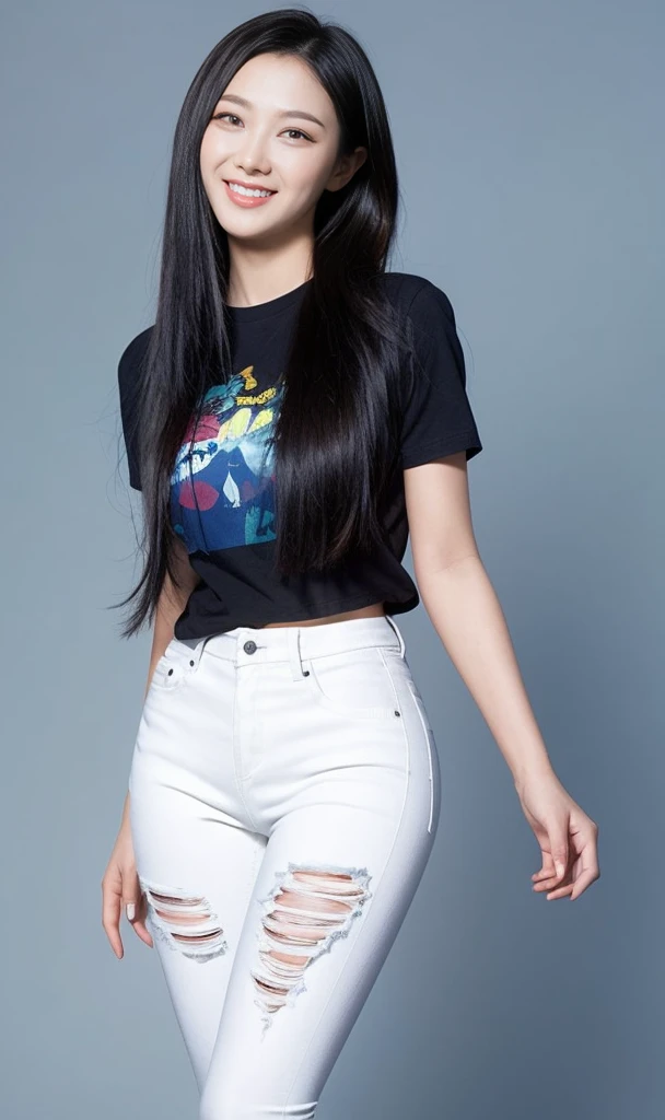 best quality, quality, masterpiece, photorealistic, 1girl，solo, White short sleeve，long blue jeans pants, long black hair,looking at viewer, smile, full body, white simple background