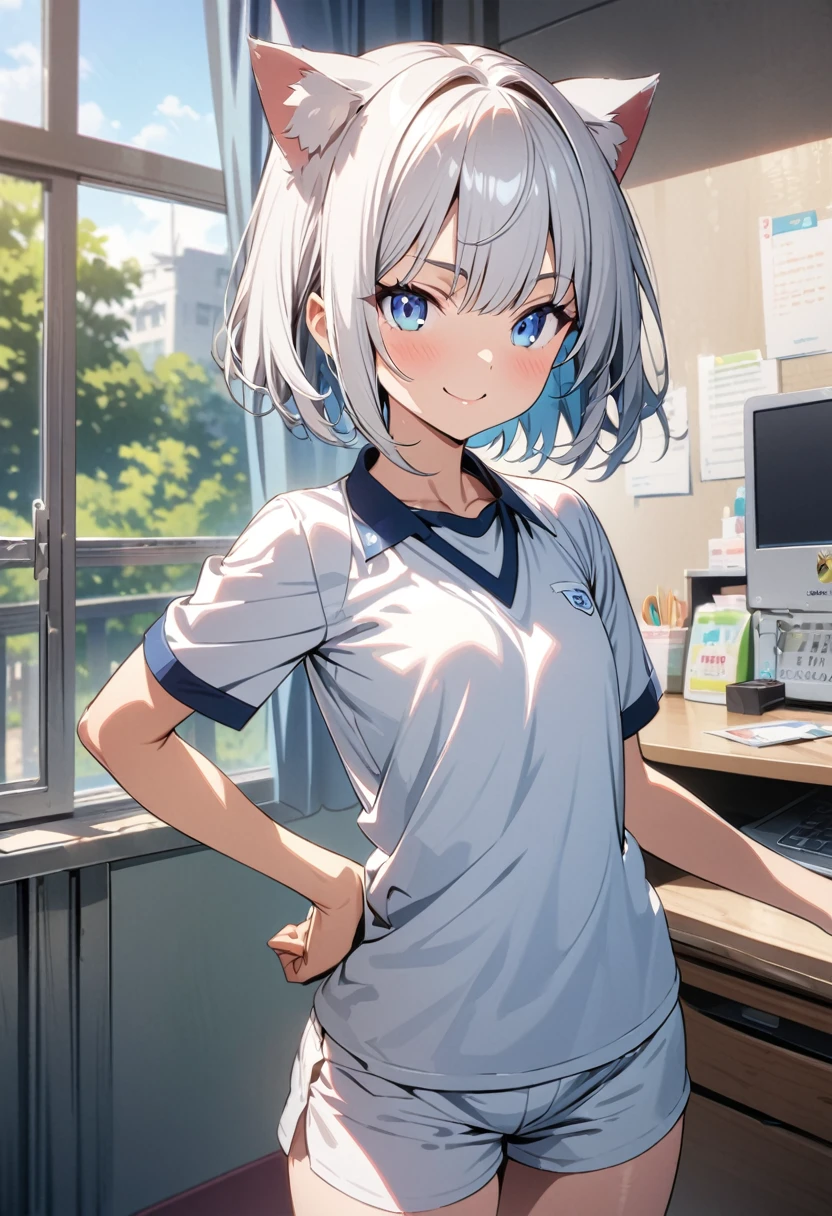best qualtiy, tmasterpiece, 超高分辨率, realisticlying, 1 boy,(long white hair),Heterochromic pupils,(Samurai head:!),(ssmile)(Gaze on the cheeks)(There are scars from fights on the face),Messy shirts,denim pant,athletic sneakers,window,wide angles
