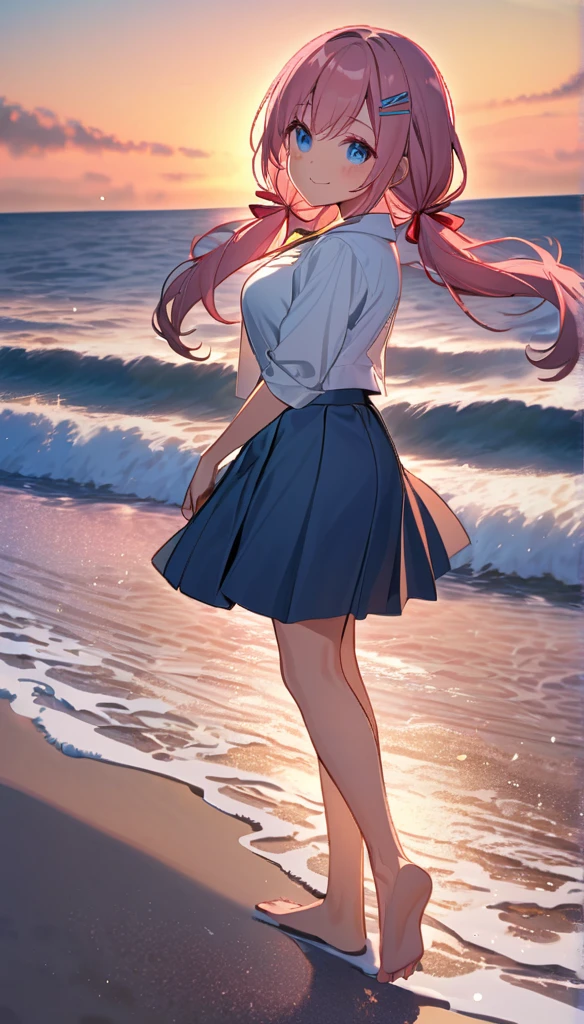 pink hair,  Low twin tails, hair ribbon, hairpin, Blue eyes, ((1girl), (solo)), large breasts, (school uniform, blue skirt), barefoot, (She walked along the beach in the sunset, her bare feet touching the water, the closest she came to seeing that smile),