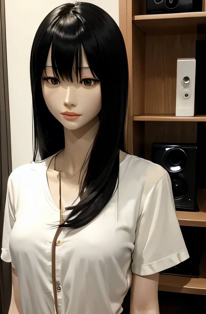 A full-body mannequin gently interacts with a computer,mannequin is a high school girl,The mannequin is 165cm tall,Mannequin color&#39;My face is white.,Mannequin color&#39;The body is pure white.,The mannequin has brown hair.( ponytail,bangs),Mannequin color&#39;lips light pink color.,mannequin&#39;Eye color is black,mannequin has a long, Thin face.,mannequin is wearing a coat　Bangs　mannequin is 33 years old　Straight Hair A
