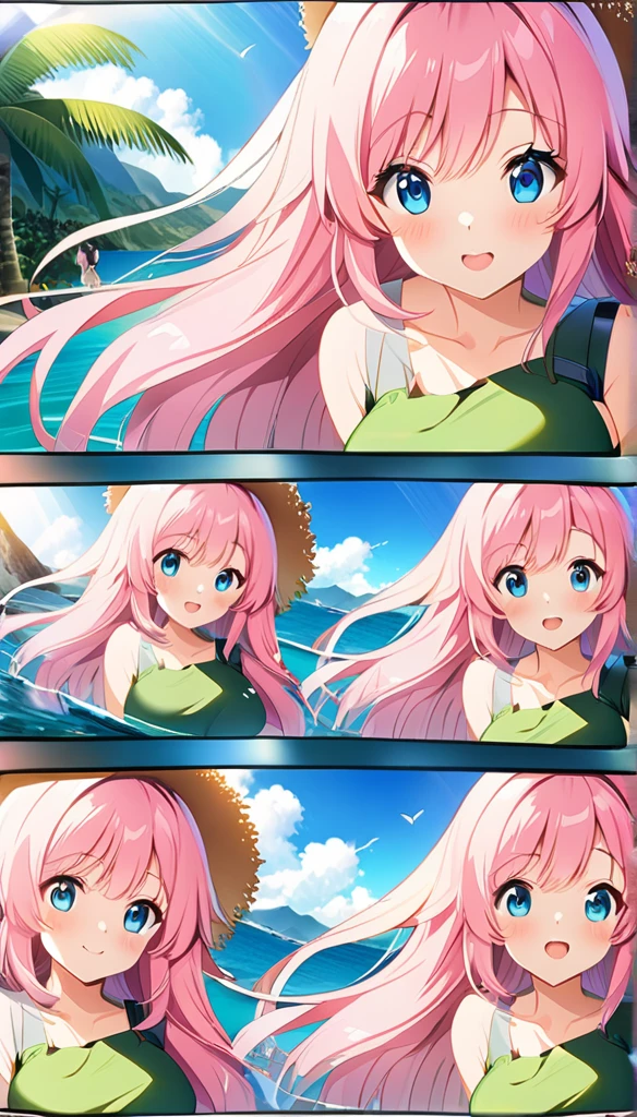 (masterpiece, Highest_quality), Familiar with CG Unity 8K Wallpaper, wonderful_OK_shape, Break 1 Girl, Long pink hair with straw hat, Large Breasts, (Gorgeous expression), blue eyes, Anime Style 4k, Beautiful anime portraits, Anime Moe art style, anime art wallpaper 4k, High quality anime art style, Anime style portrait, Familiar with digital animation art, Anime Art Wallpaper 8K, Cute Anime Girl Portrait, Hawaii Background, Blue Sea, Palm trees, sunlight, whole body, Breaking Depth of Field, Perfect hands, nice refer tos, 5_refer to, 4_refer to,1_親refer to,