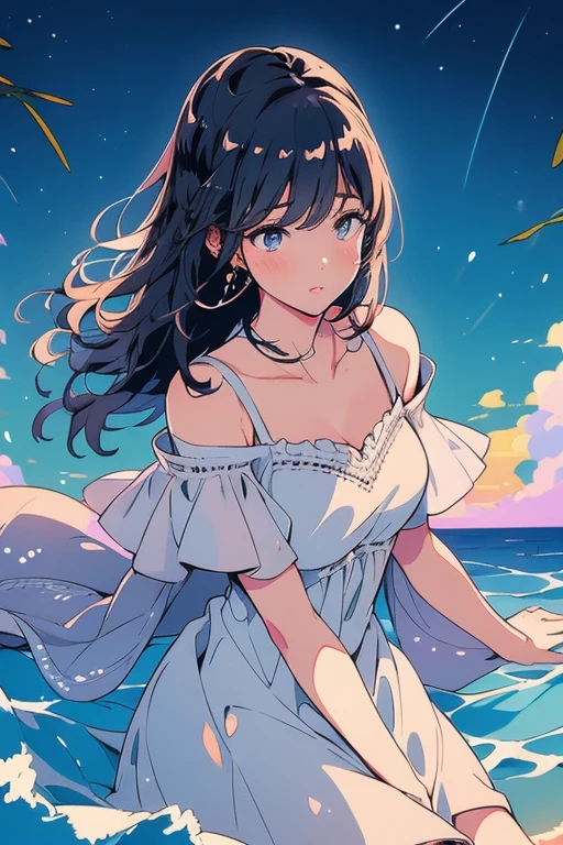 Anime Style, In the sky, Across the sea, Open both eyes, Girl with braided black hair、In the sunset, smile, masterpiece, 4K, Detailed face, Good anatomy, highlight,White dress