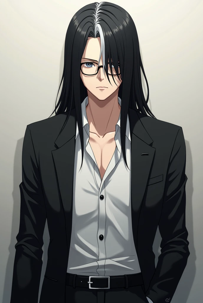 An anime character with black hair and a white streak of hair - SeaArt AI