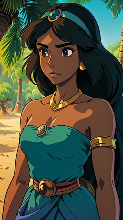 (a girl as jasmine), (extremely detailed CG unit 8k wallpaper),(master part), (best quality), (ultra detail), (best illustration),(ghibli style), cowboy shot,(Sharp eyeliner, ombre, detailed eyes:1),arabian oasis, GHIBLI_Background,break,dark-skinned female, long hair, black eyes, 
bandeau, upper body, arabian clothes