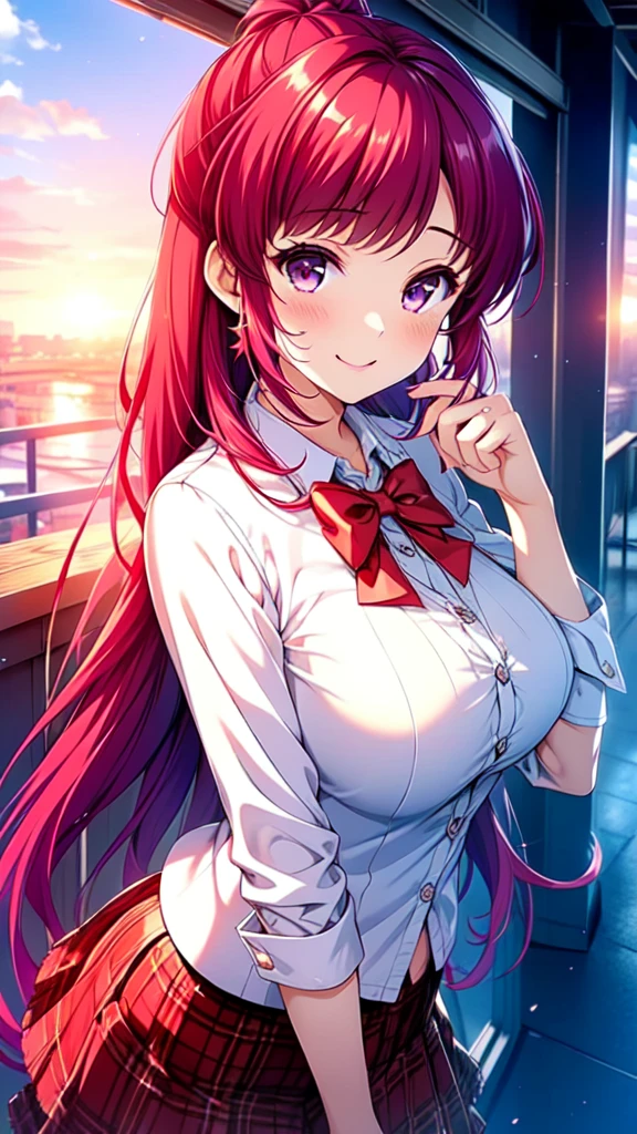 ASAMIKE, (masterpiece, Best Quality, beautifully、Midea:1.3), One girl, alone, College years, (Hourglass body shape:1.1),  (Cute Smile:1.1), (Silvery medium-violet-red hair with reddish magenta streaks:1.4), (Gradient medium-violet-red hair tip:1.6), hair, Ridiculously long hair, Wavy Hair, Shiny hair, Floating hair, (Deep Red eyes), Delicate eyes, Red eyes, Very beautiful eyes, Long upper eyelashes, Compensate, Focus on the face, Very detailed facial, Beautiful face, Perfect breasts, Hot body, (Delicate skin texture:1.2), Blue jacket, blazer, Red bow tie, White shirt, Red Skirt, Checked skirt, , (Receive a confession on the school rooftop with the sunset and fence behind you。I came closest to that smile.:1.1), Very detailed, gravure, nsfw, (Cinematic Angle:1.1),