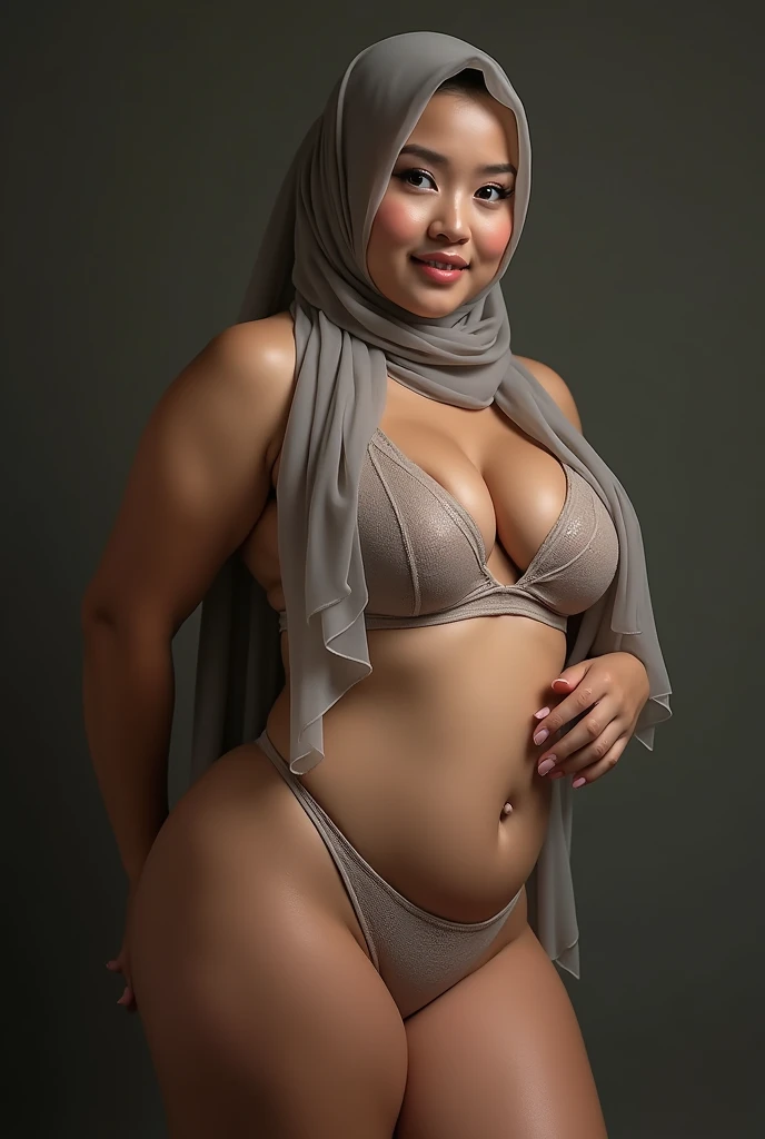 beautiful malay girl with hijab and few freckles, (light blue hijab), (medium shot portrait:1.3), dramatic light , Rembrandt lighting scheme, (hyperrealism:1.2), (8K UHD:1.2), (photorealistic:1.2), shot with Canon EOS 5D Mark IV, detailed face, detailed skin texture, show cleavage, big , thigh thick, beautiful body, squatting, show panties, happy face, very big chest, nipples 