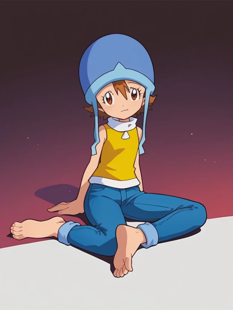 (2000s anime, retro art style, masterpiece, best quality, highly detailed, NSFW, perfect anatomy), 1girl, from below, pov, kicking, soles, full nude (complete nudity:1.2), immature body (flat chest:1.5), standing on one leg, ana,