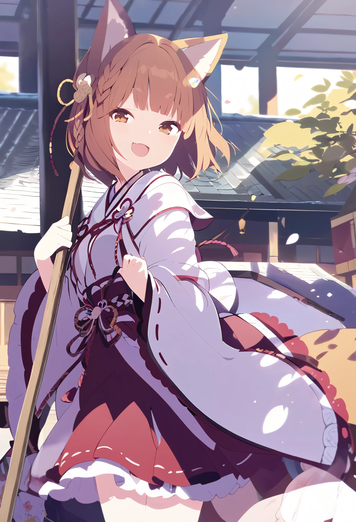 masterpiece、、Shrine maiden costume、shrine、Fox ears and tail、Cute single tusk、Very small breasts、Brown Hair、An innocent smile、fun、Grab a broom and sweep、