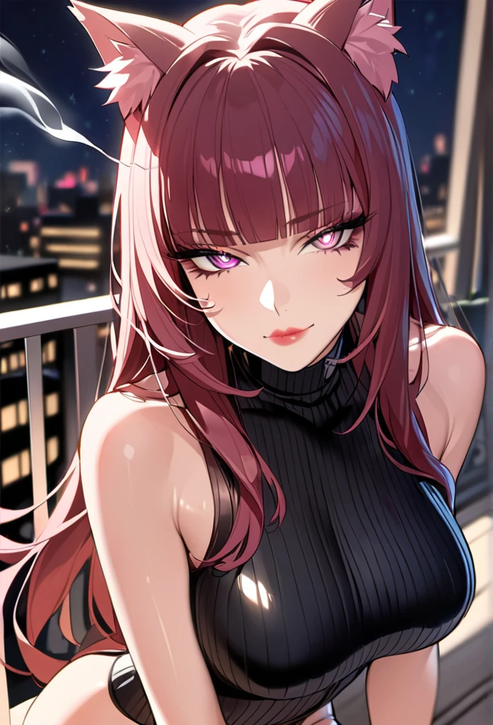 1girl, smoking, smoking cigarette, smirk (SHARP detail perfect face), (cat ears), (cat girl),maroon red hair,(shiny peach lipstick) (pink eyes), long hair, medium breasts, long eyelashes, mature, (smirk, closed lips, big plump lips, eyeshadow) shiny skin, beautiful eyes,(sharp eyes, black sharp pupils), blunt bangs, wispy bangs, naughty look, miniskirt, sitting down, balcony night background