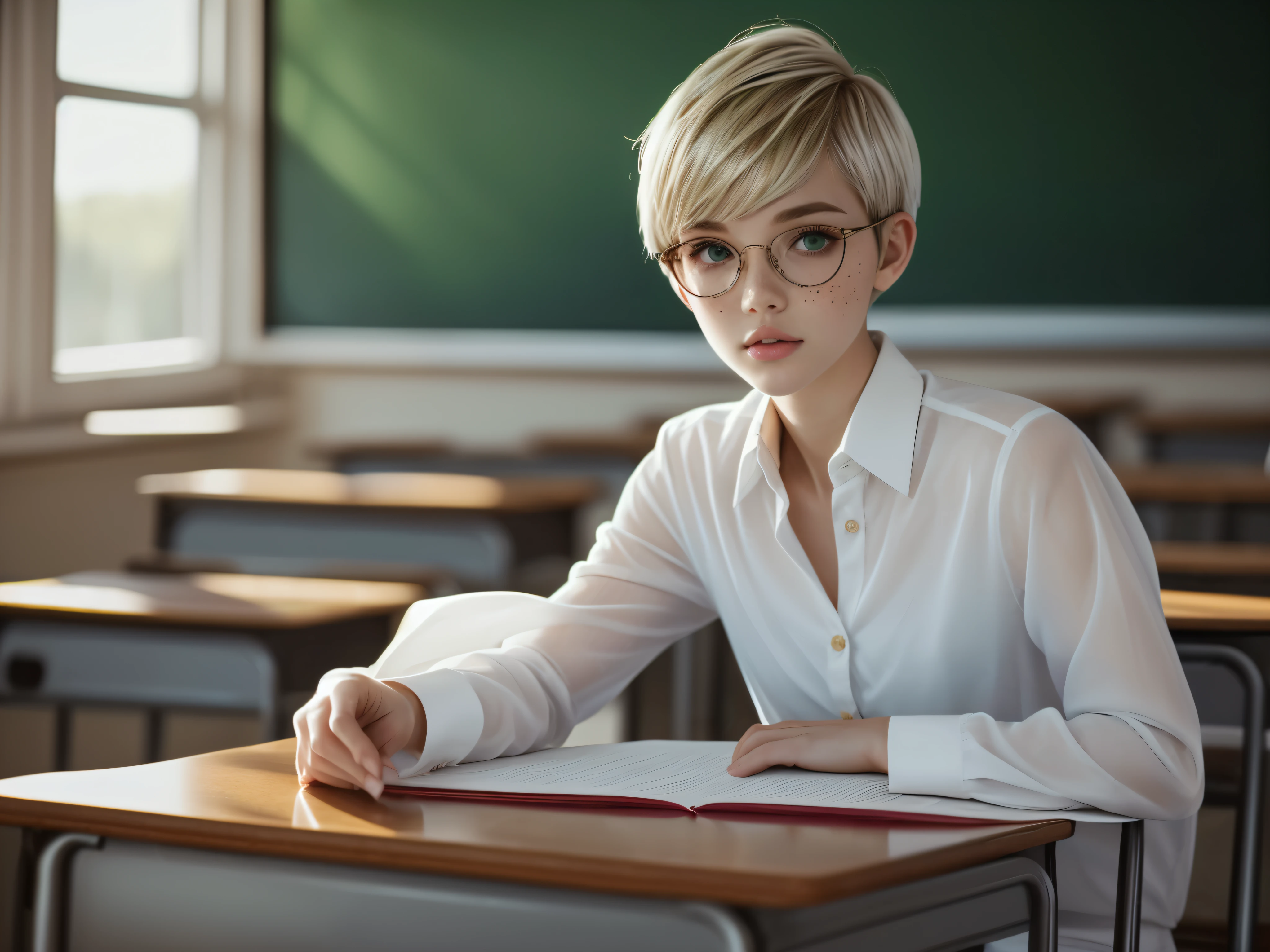 1girl, elegant bearing, small, slender build, short height, narrow shoulders, pale skin dotted by freckles, short platinum blonde hair, (((pixie cut hairstyle))), (((boyish hair))), (dark green eyes), silver glasses, cute facial features with an underlying elegance, thin lips, small breasts, youthful girl, RAW photo, ((slim body: 1)), (HQ skin: 1.4), 8k uhd, soft light, high quality, ((school uniform, white dress shirt, gold accents, (looking at viewer:1.4), classroom